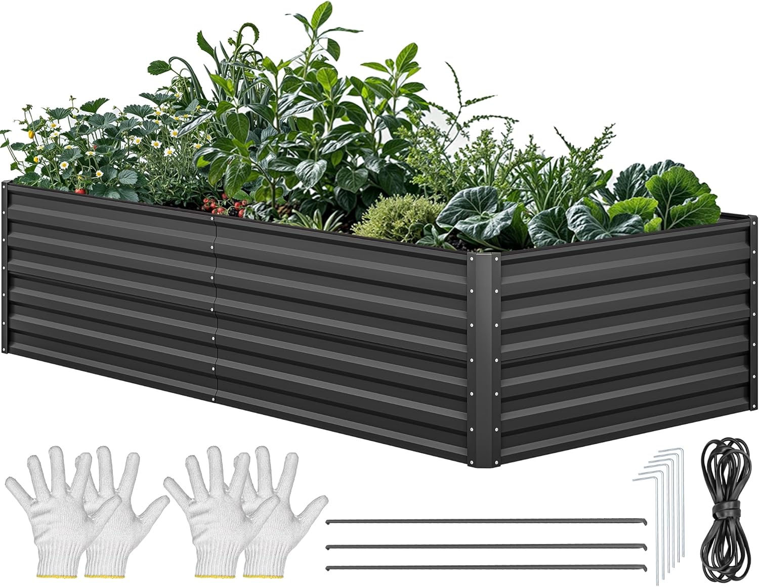 YITAHOME 8x4x2ft Large Raised Garden Bed Kit, Galvanized Metal Planter Box with Gloves, Ground Nails, Support Rod & Safety Rubber, Outdoor Above Ground Planters for Plants Vegetables Flowers, Black