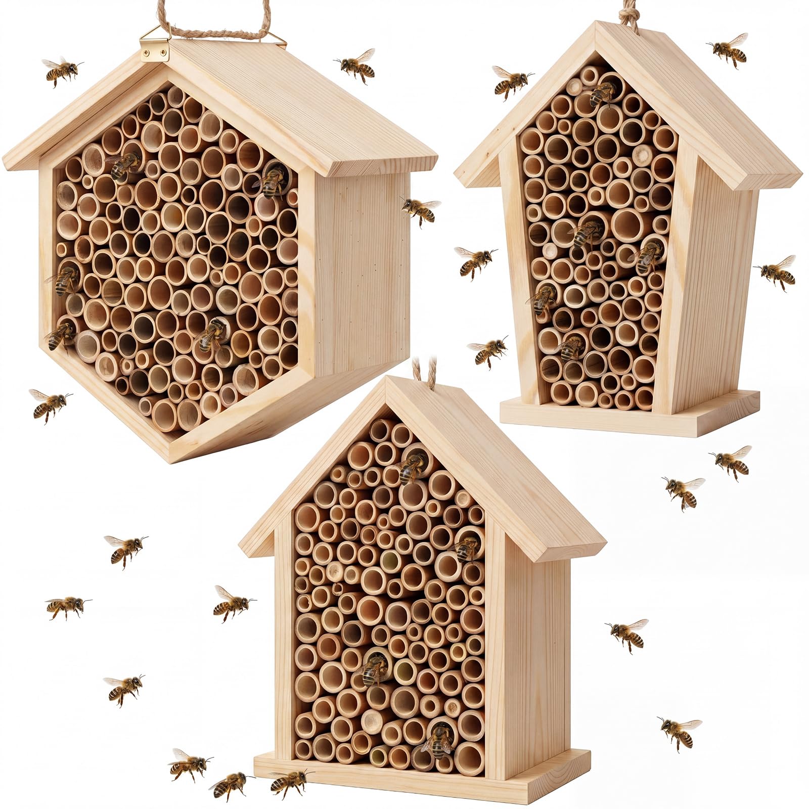 Marsui Mauerbienenhaus, Holz, handgefertigt, Bienenhotel, Outdoor, Bestäubung, Insektenbox, Lebensraum mit Röhren für Gartendekoration, 3 Stück