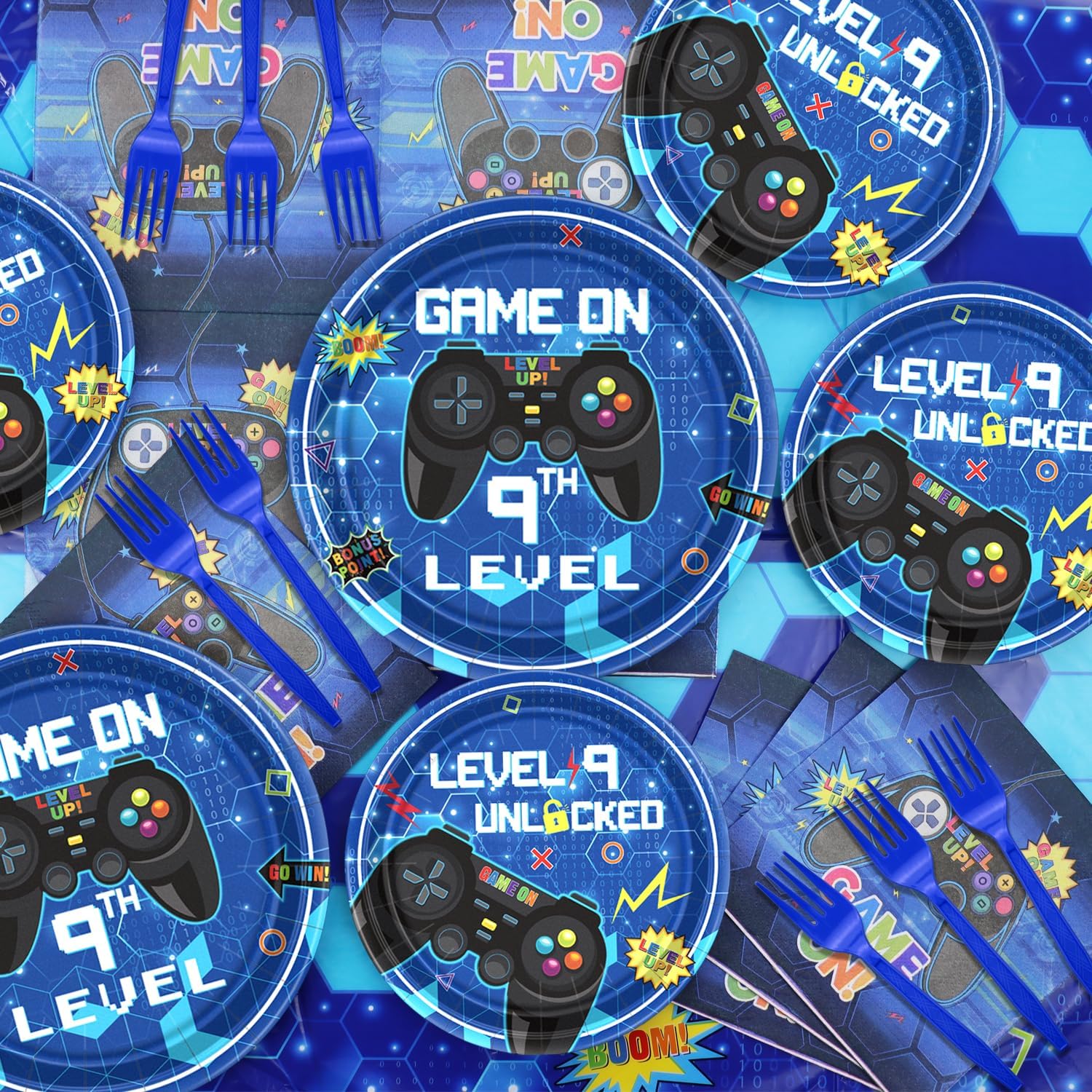 81 pcs video game party supplies - 9th birthday video game party decor dinner plates napkins video game tablecloth forks gaming party pack for kid boy 9th birthday party, serves 20 (9th)