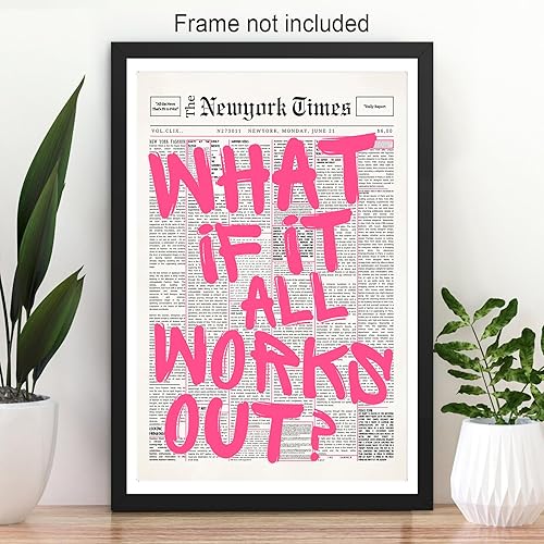 Miniatura 4 de Lienzo de periódico retro con fuente rosa, arte de pared con texto en inglés What If It All Workout, póster con cita de afirmación positiva,