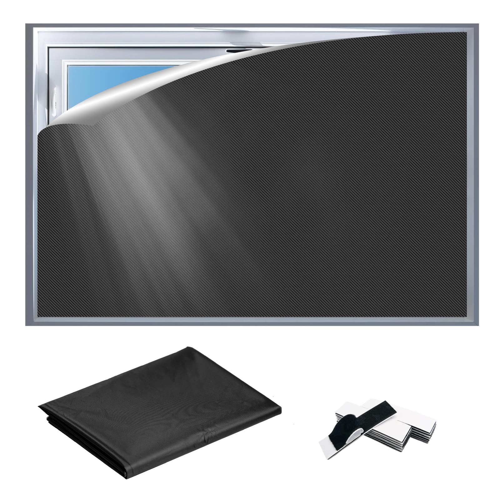 Blackout Blinds Portable Black Out Window Film, 300 x 145cm / 118.11 * 57.09" No Drill Blinds for Windows, Cutting any Shape Black Out Blinds with 30 Hook & Loop Tapes Blackout Blinds Stick on Bedroom