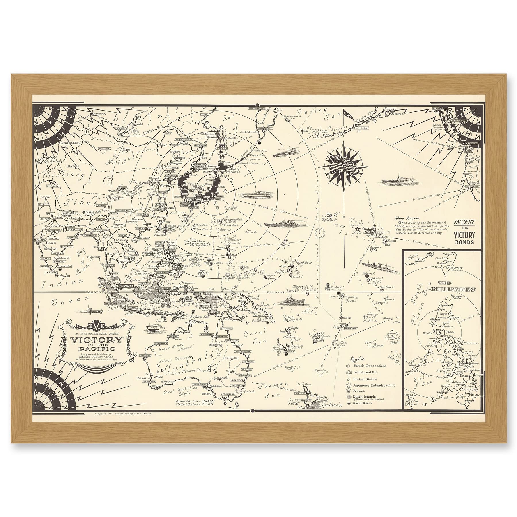 Artery8 Map Ernest Dudley Chase 1944 Pacific Victory Japan World War 2 WWII Artwork Framed Wall Art Print A4