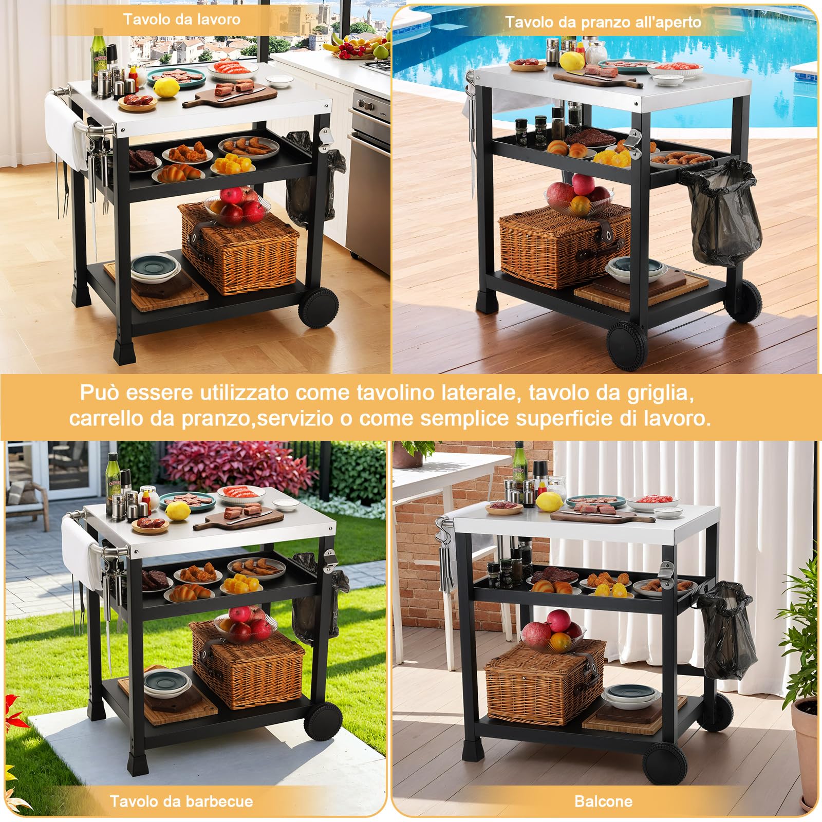 LIFERUN Acciaio Inox Carrello Barbecue 3 Ripiani, Tavolo BBQ Cucina Esterna | Carrello Cucina Esterna con 2 Ruote Ganci, Carrello di Servizio Cucina Esterni da Multiuso, per Casa Cortile Patio e Giardino