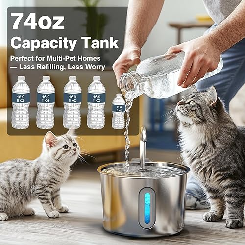 Miniatura 5 de Fuente de agua para gatos, fuente para gatos de 74 onzas 2.2 L para beber, fuente de agua para mascotas, acero inoxidable para gatos en el