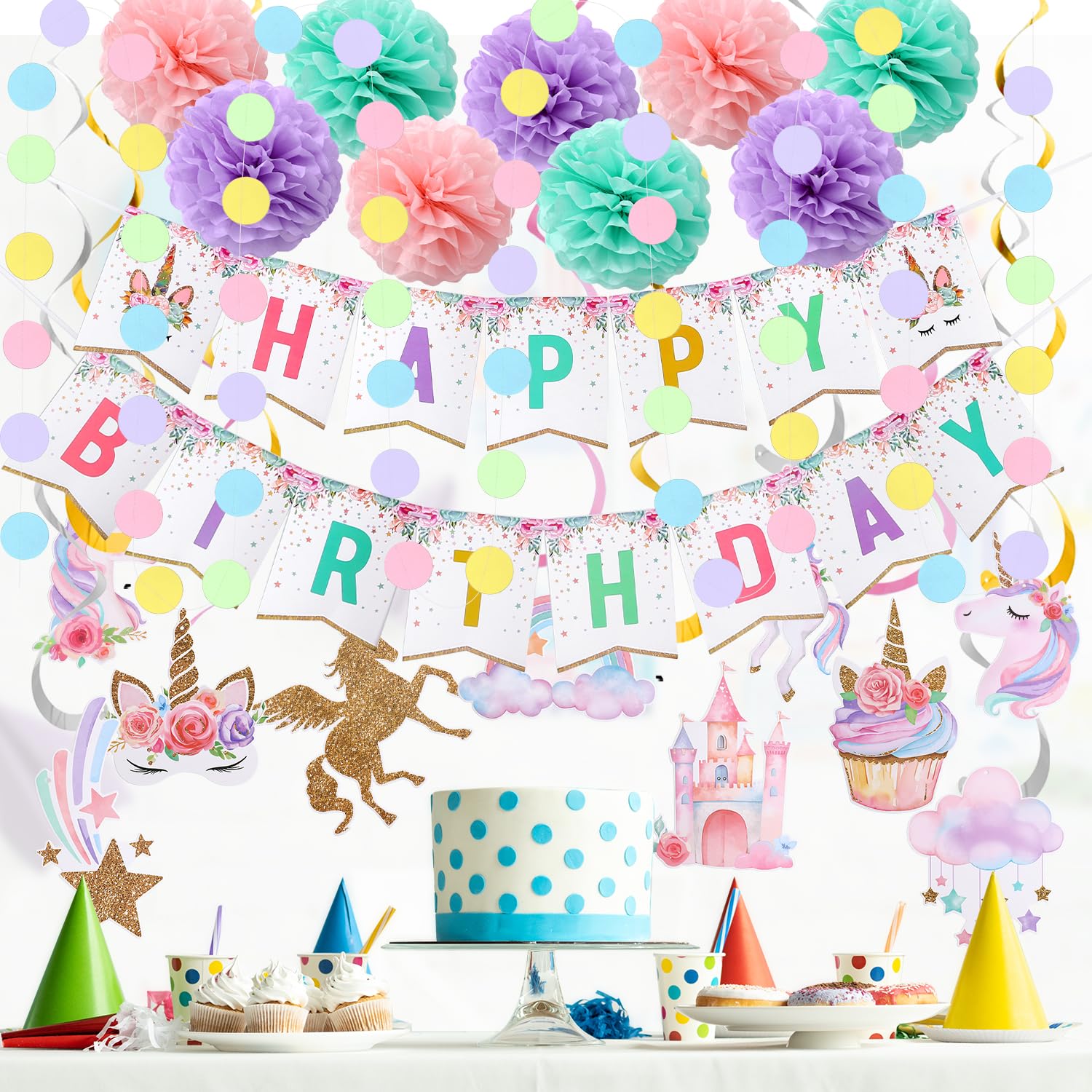 Decorazioni di compleanno con unicorno, striscione di buon compleanno, 9 pompon in carta velina, 10 vortici da appendere, ghirlanda a pois per decorazioni per feste di compleanno per ragazze