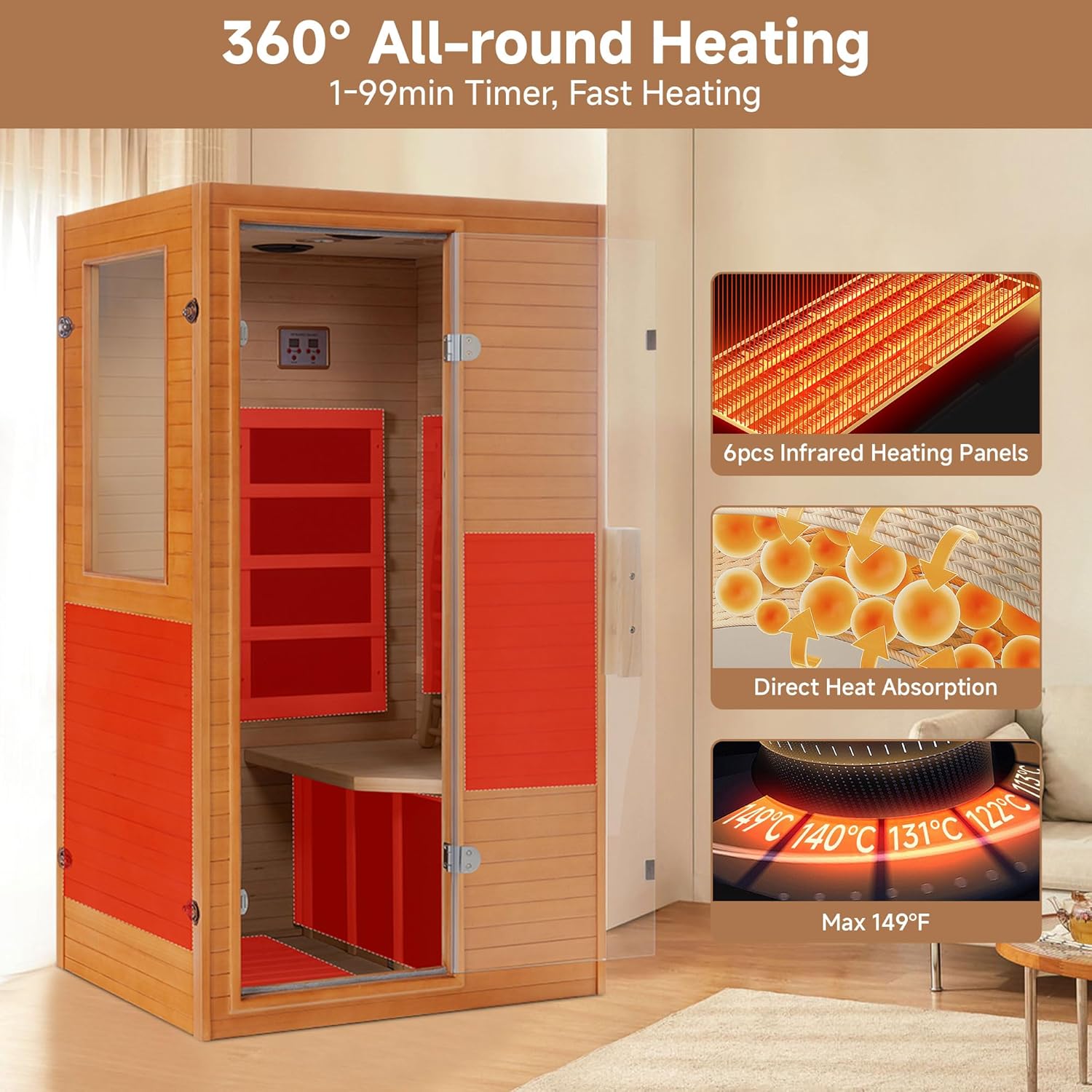 springspa Infrared Sauna Home Sauna, Indoor Far Infrared Saunas for Home, 1 Person Canadian Hemlock Wooden Spa Room, 950w 120v with Control Panel, 33 * 27.3 * 59 inch