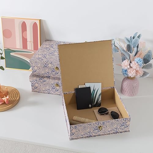 Miniatura 7 de Soul & Lane Cajas de almacenamiento decorativas de cartón floral azul y blanco con herrajes dorados, juego de 3, jardín de pajarera, cajas apilables