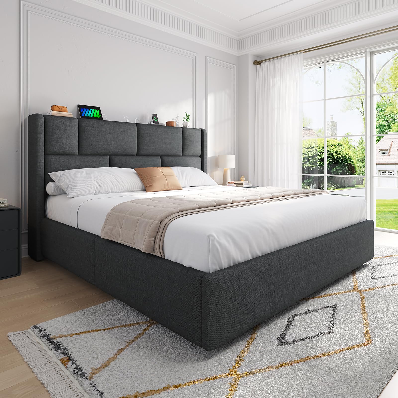 Brinlawb Lit Coffre 160x200 cm avec Rangement, système hydraulique, Cadre de lit 160x200 avec sommier et multiprise, lit Double 160x200 cm avec tête de lit réglable en Hauteur, lit 2 Personnes, Gris