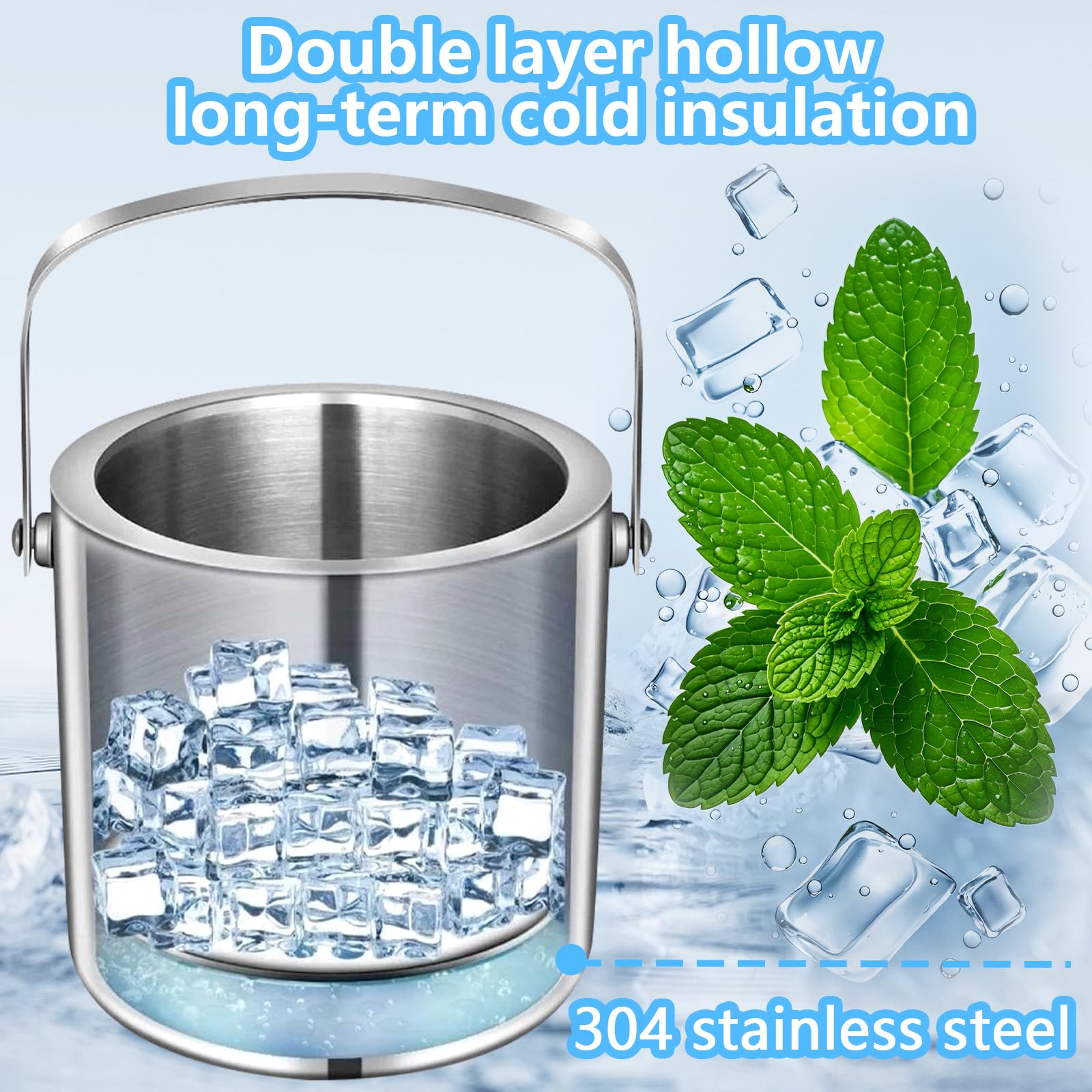 NVIYAM 2L Secchiello per Ghiaccio,a Doppia Parete Secchiello Ghiaccio per Vino Bottiglie Champagne,con coperchio, pinze, colino e manico,con Coperchio Manico e Pinzeper Casa Bar Feste