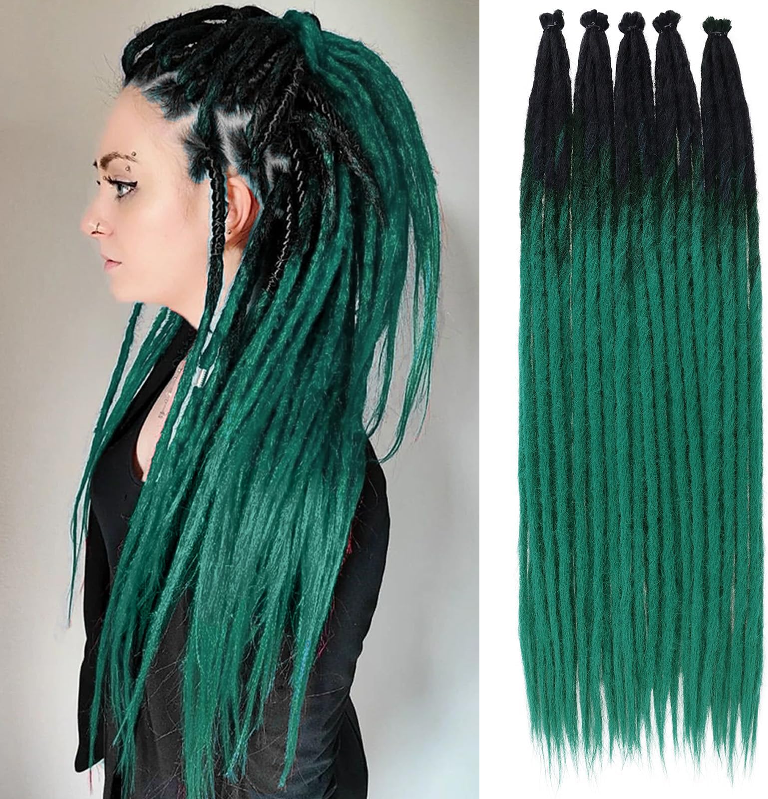 Leeven Black to Green Thin Dreadlock Extensions 24 Inch 20 Strands Synthetic Single Ended Dread Extensions Reggae Style Crochet Hippe Dreads Handmade Soft Loc Extensions for Women Men