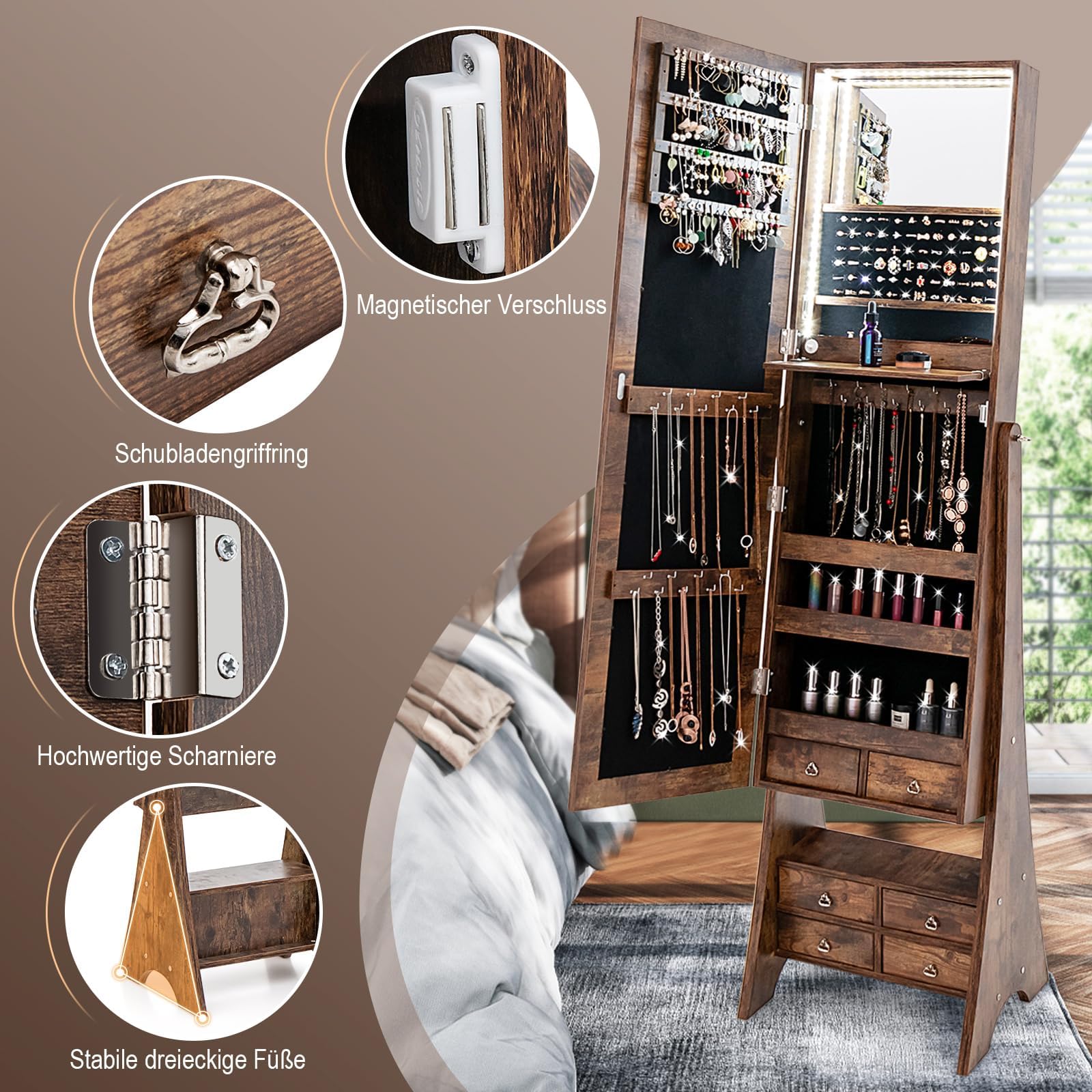 COSTWAY Schmuckschrank mit Spiegel, Spiegelschrank mit Beleuchtung, Schmuck Organizer mit Schubladen und klappbaren Ablage (Braun)