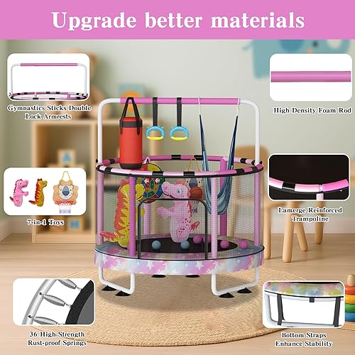 Miniatura 4 de Lamerge Kids Trampoline, Toddler Bouncing Trampoline with Safety Enclosure Net, ASTM-Approved, 500lbs Capacity, Ages 1-8, Adjustable Handrail,