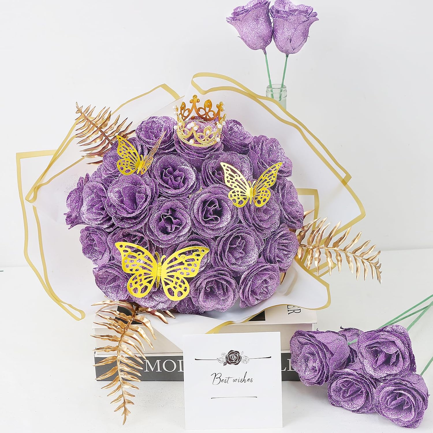 Artificial Glitter Roses - 24 Pack DIY Fake Shiny Floral for Crafts Wedding, Anniversary, Mother's Day,Birthday and Valentine's Day Lilac - Image 2