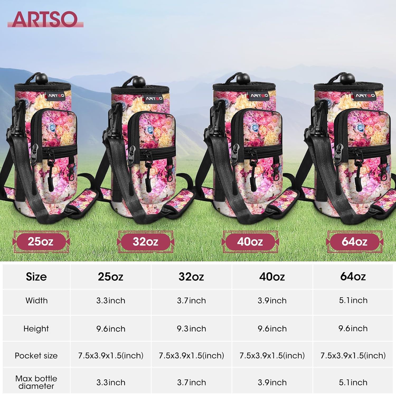 ARTSO Water Bottle Carrier Bag Sling Holder Pouch, 25oz 32oz 40oz 64oz Insulated Water Bottle Sleeve Case Cover with Adjustable Shoulder Hand Strap Pocket for Hiking Camping, Colorful flowers - Image 6