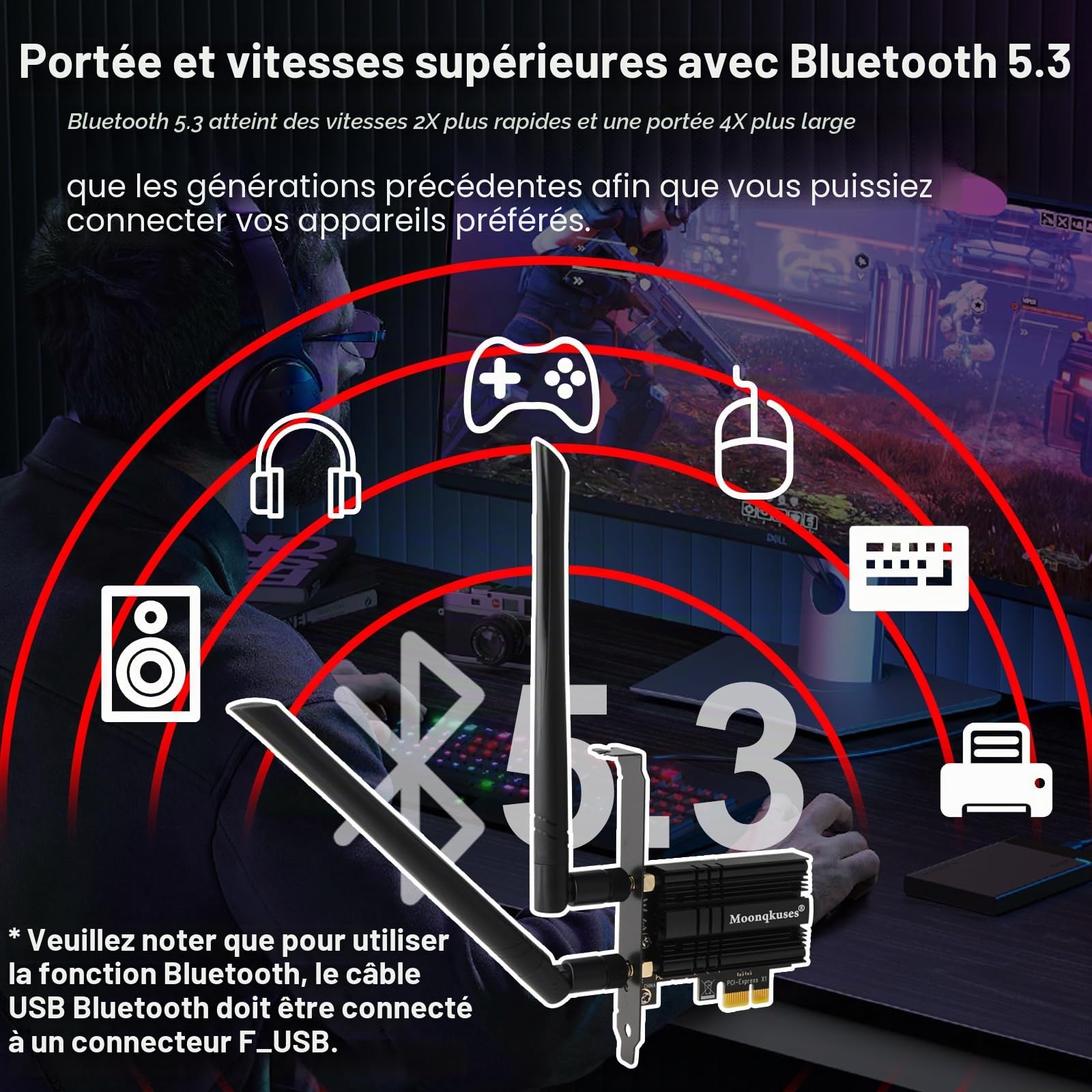 WiFi 6E Carte WiFi 5400Mbps PCIe, Bluetooth5.3, Intel WiFi 6E AX210 Chipse, Tri-Bandes (6GHz/5GHz/2.4GHz) Carte WiFi Bluetooth pour PC Windows 11/10(64Bit)
