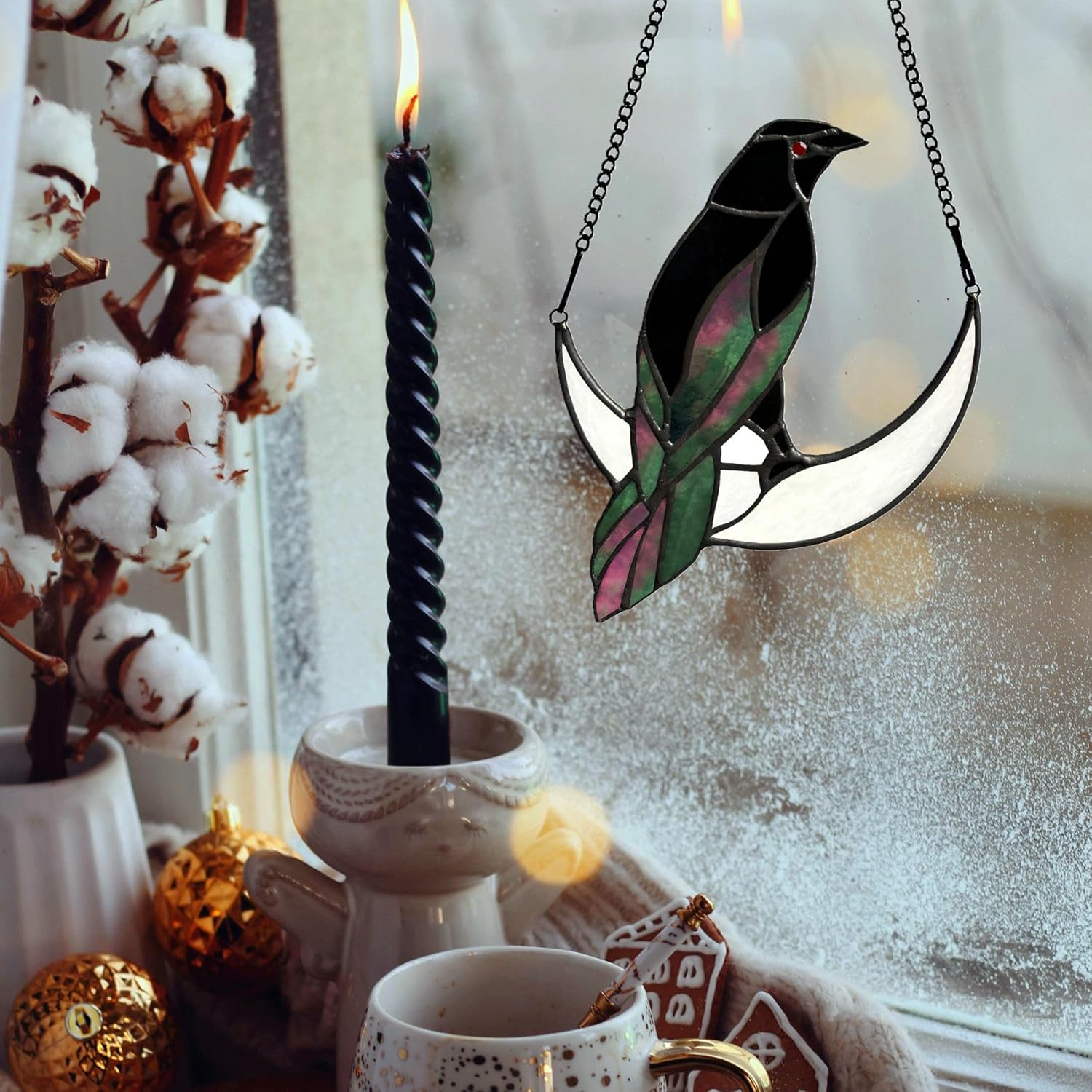 Stained Glass Crow on Moon Decor Window Hangings Ornament, Gothic Raven Suncatcher Halloween Decorations, Handmade Crow Birds Gifts Sun Catchers Indoor Window Home Decor. - Image 4