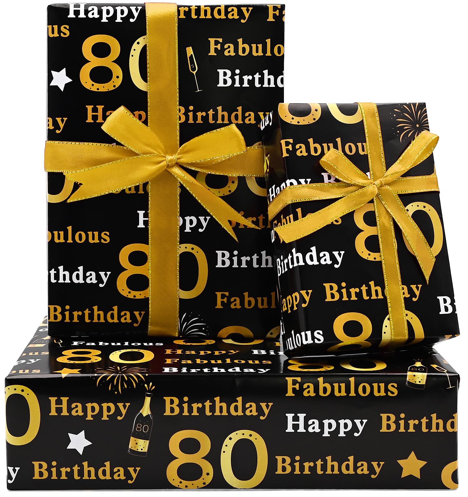 5Pcs 80th Birthday Wrapping Paper,50 * 70cm Gold Black Wrapping Paper for Woman Men Birthday Decorations