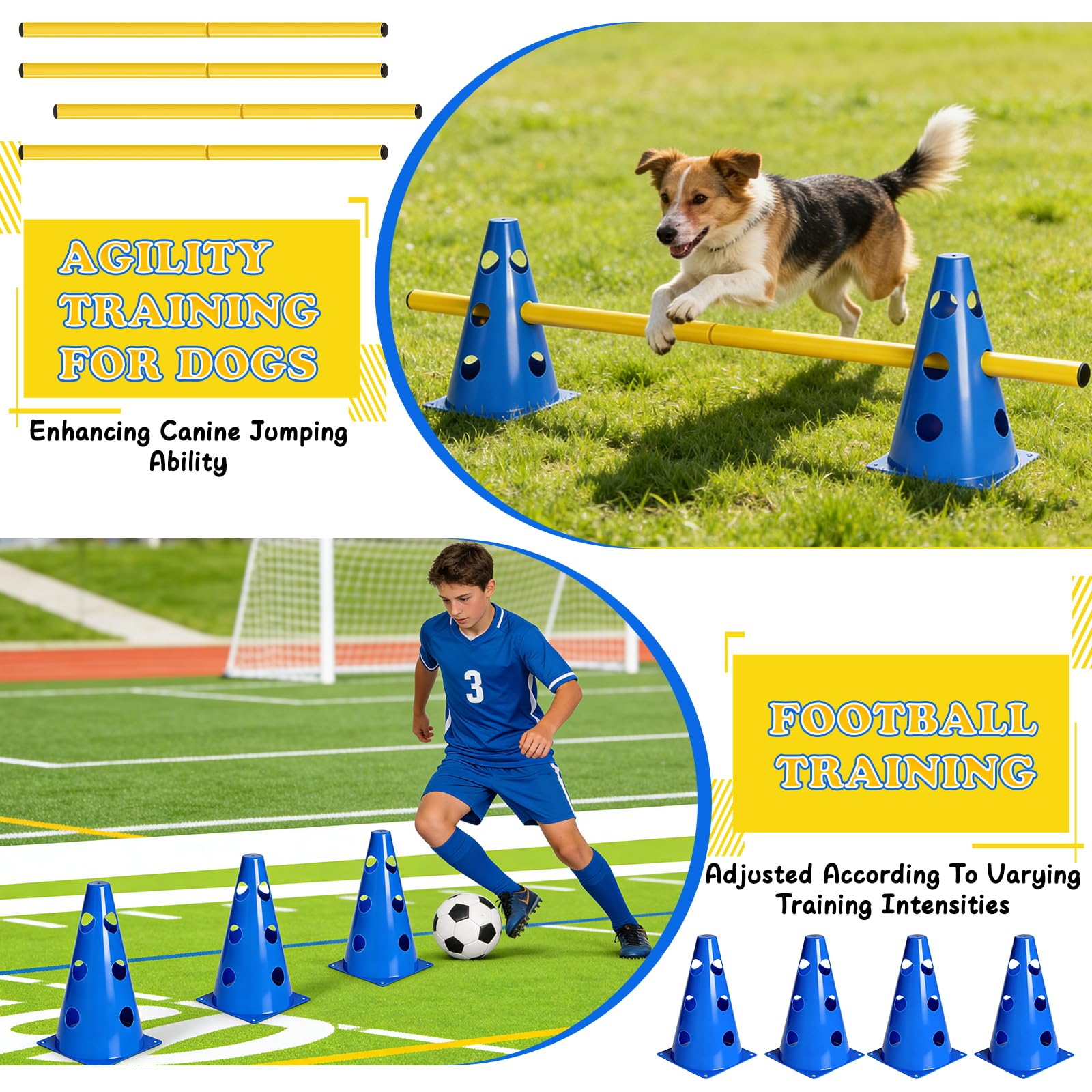Agility Set Praktisches Steckhürden Set Hunde Groß Cavaletti Hunde Hürden Steckhürdenset für Fußball Hundesport, Pferdesport（8 Kegel 23cm Höhe + 8 Stangen 80cm）