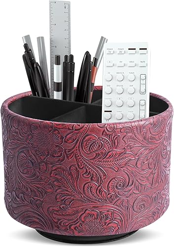 Miniatura 9 de LIZIMANDU Organizador redondo de cuero para suministros de arte soporte de control remoto giro de 360 grados soporte multifuncional para lápices