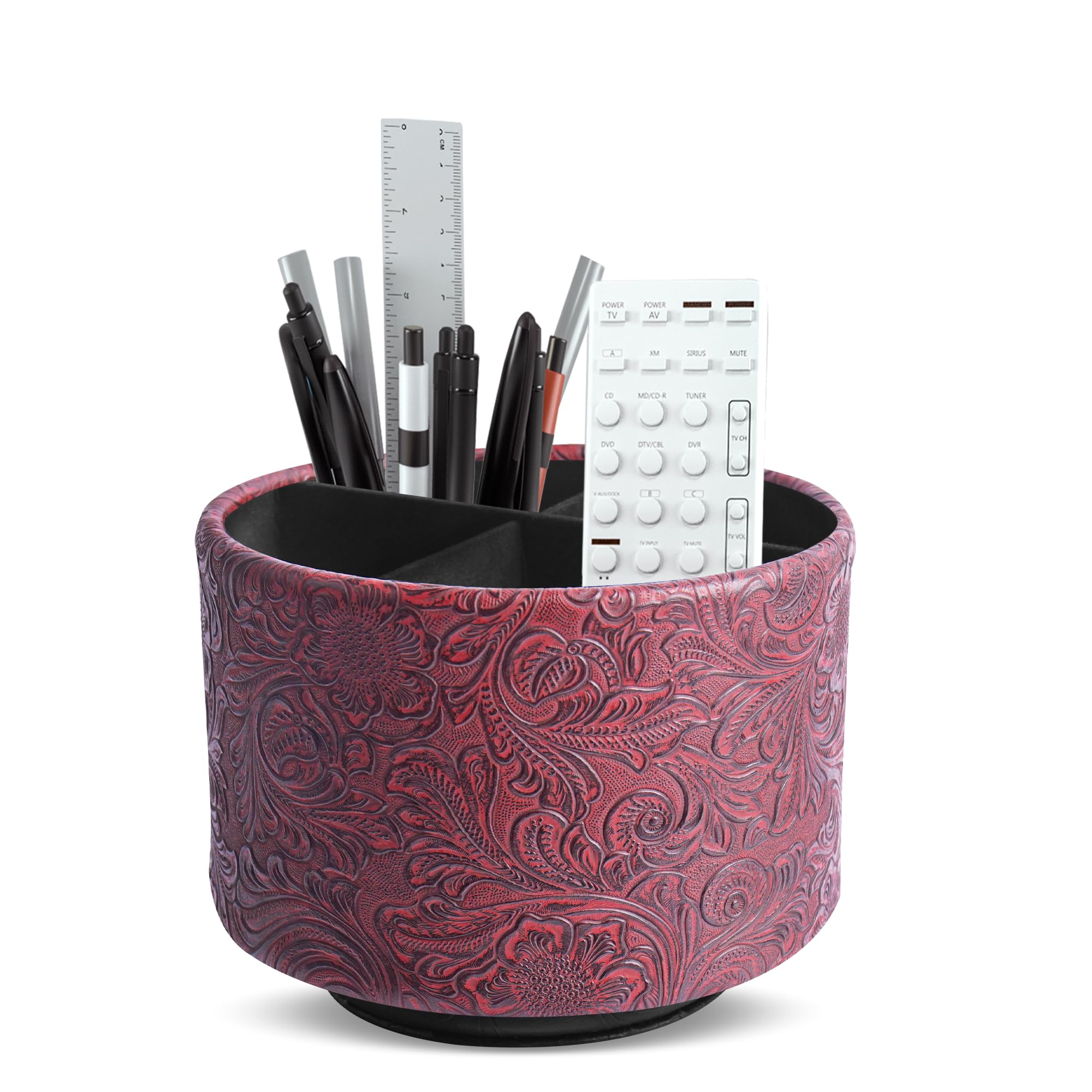 Mtzmy Round Leather Art Supply Organizer,Remote Control Holder,360 Degree Spinning,Multi-Functional Pencil Holder,4 Compartments Desktop Stationary Organizer(1-Carved Red) — image 1