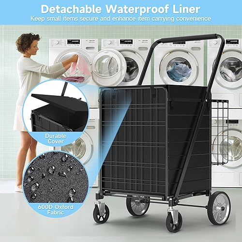 Miniatura 6 de APILAB - Carrito de compras extra grande, enorme carrito de comestibles con ruedas giratorias de 360, capacidad de 450 libras, carrito de compras