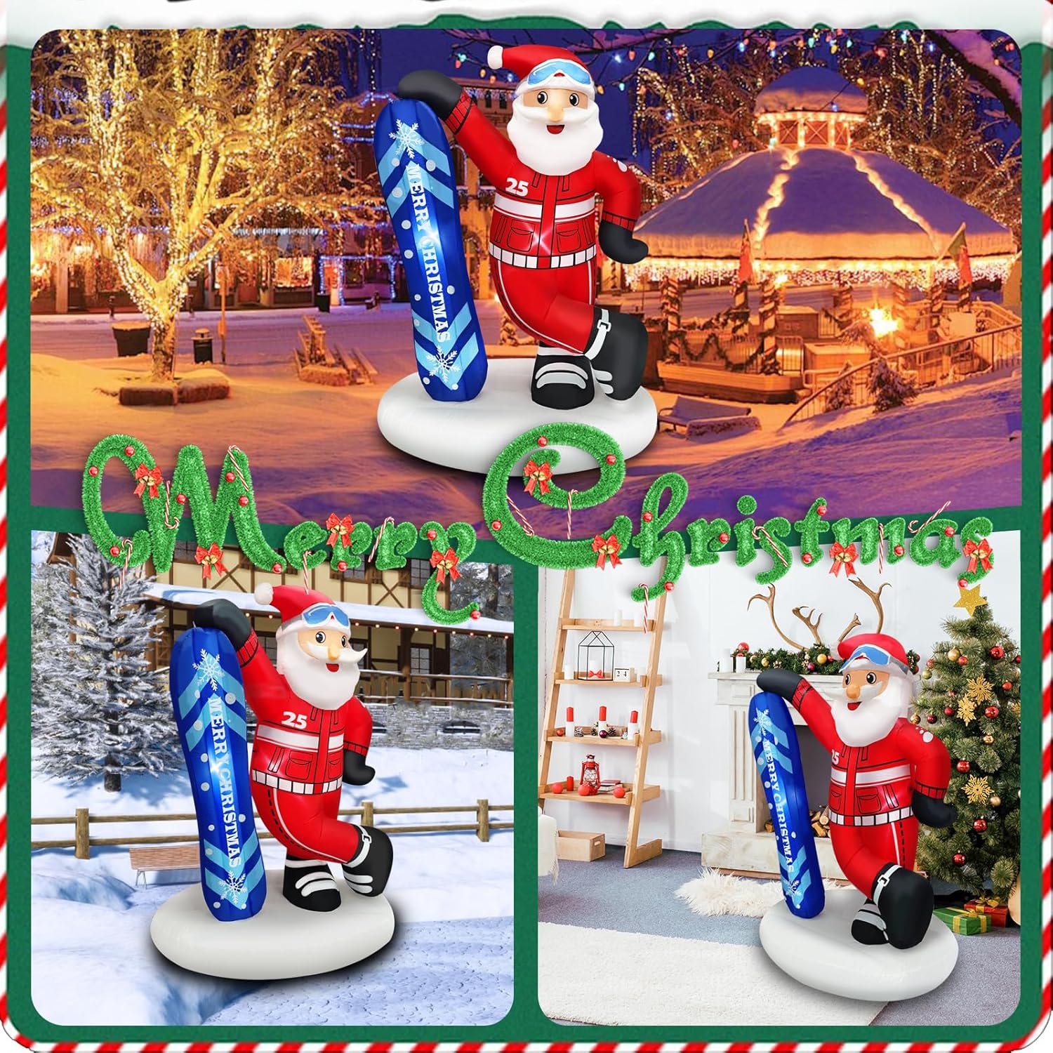 7FT Christmas Inflatable Outdoor Decoration Blow Up Santa Claus Takes Snowboard with Merry Christmas Inflate Xmas Decor Lawn Winter Sports Fans LEDs for Holiday Party Garden Yard Patio Décor - Image 6