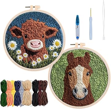 YWAOAIJD Punch Needle Embroidery Kit,2Pcs Embroidery kit for Beginners,Include Punch Needle Tools,Embroidery Hoops,2Pre-Printed Fabric & Color Threads,DIY Craft for Home Decor & Gifts Cow