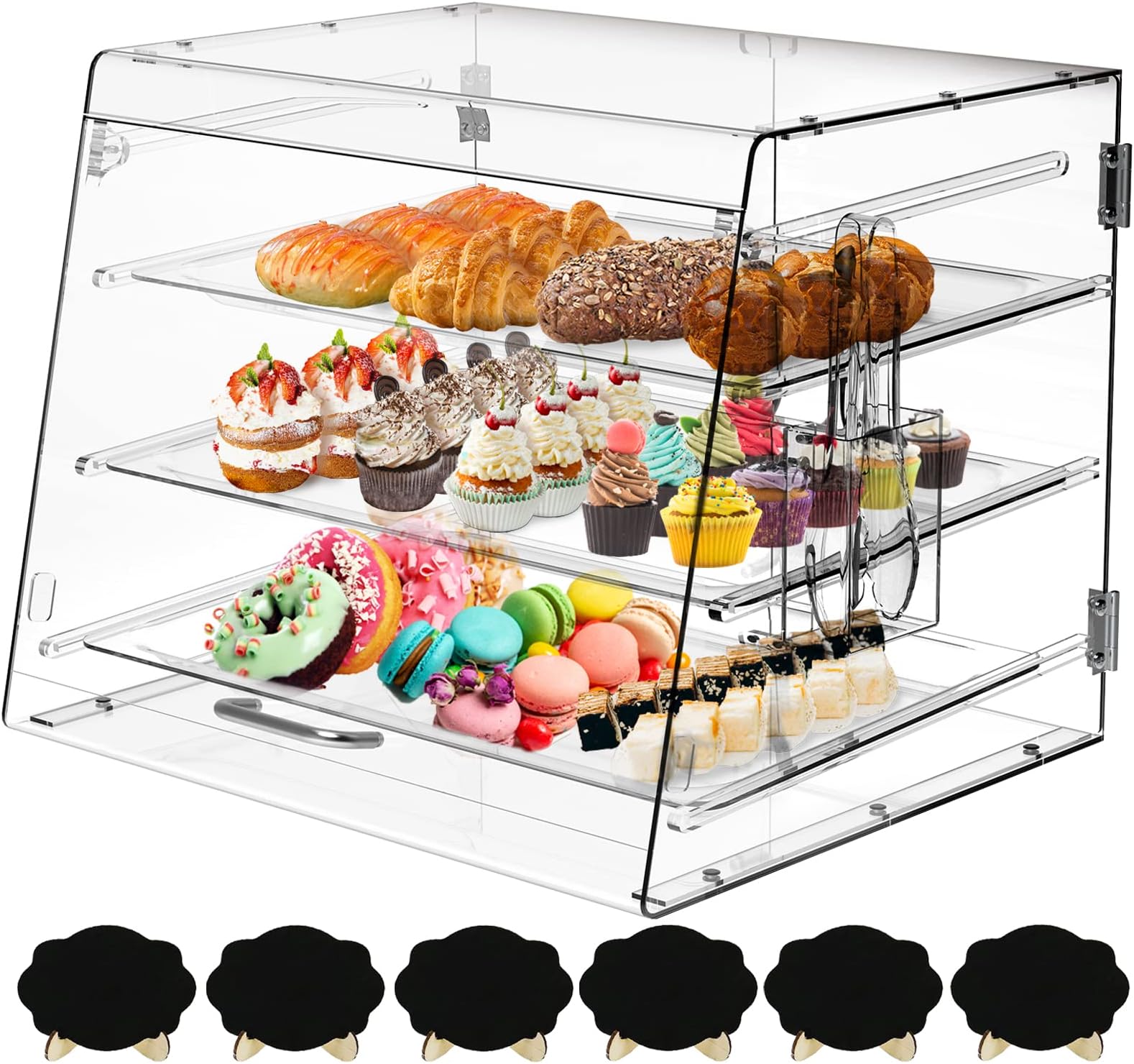 3 Tray Clear Display Case,Pastry Display Case,Commercial Countertop Bakery Display Case with Front and Rear Door,Acrylic Display Case with Serving Tong 22 x 17 x 14 inch…