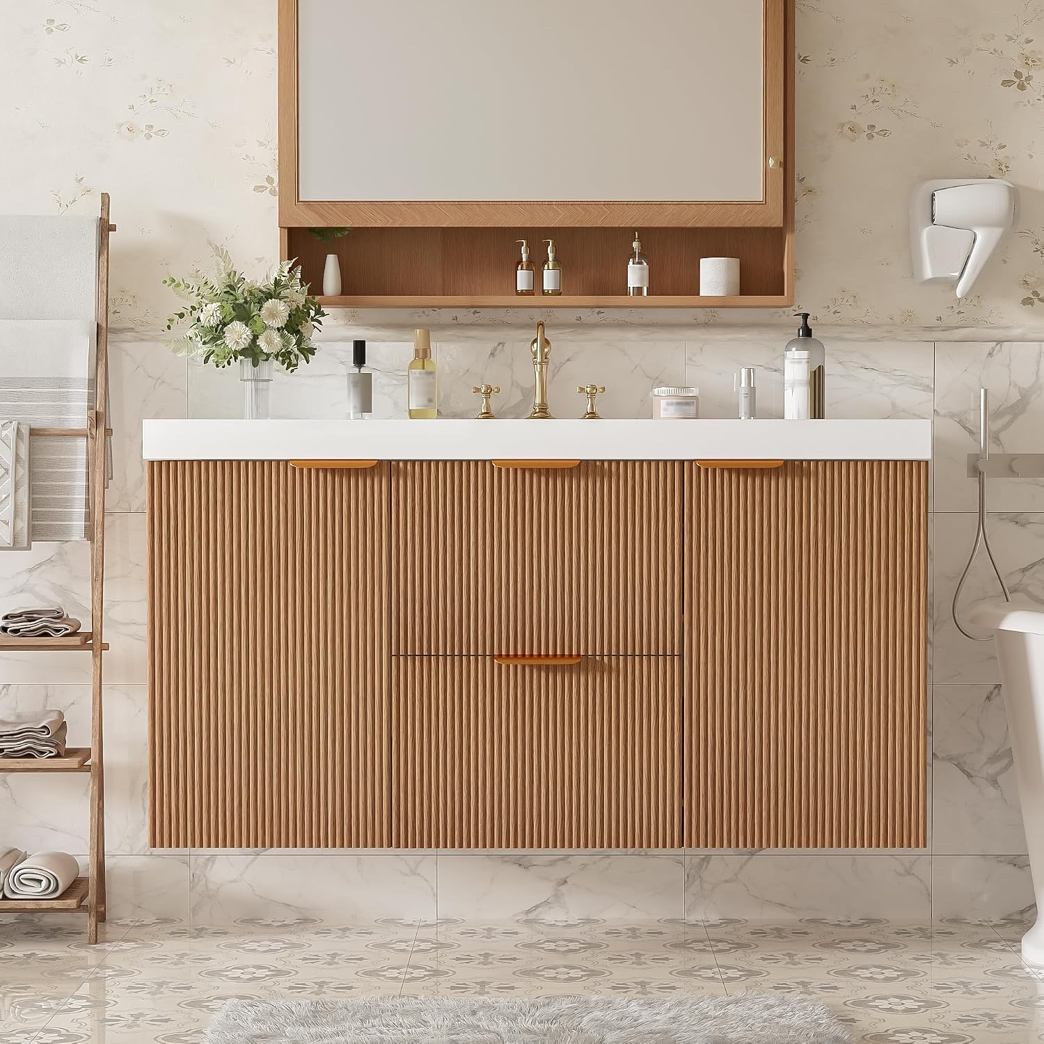 Virubi 42 Inch Floating Bathroom Vanity with Single Sinks,Wood Modern Fluted Bathroom Vanity with Soft-Closing Doors and Drawers,Wall Mounted (Natural Wood)