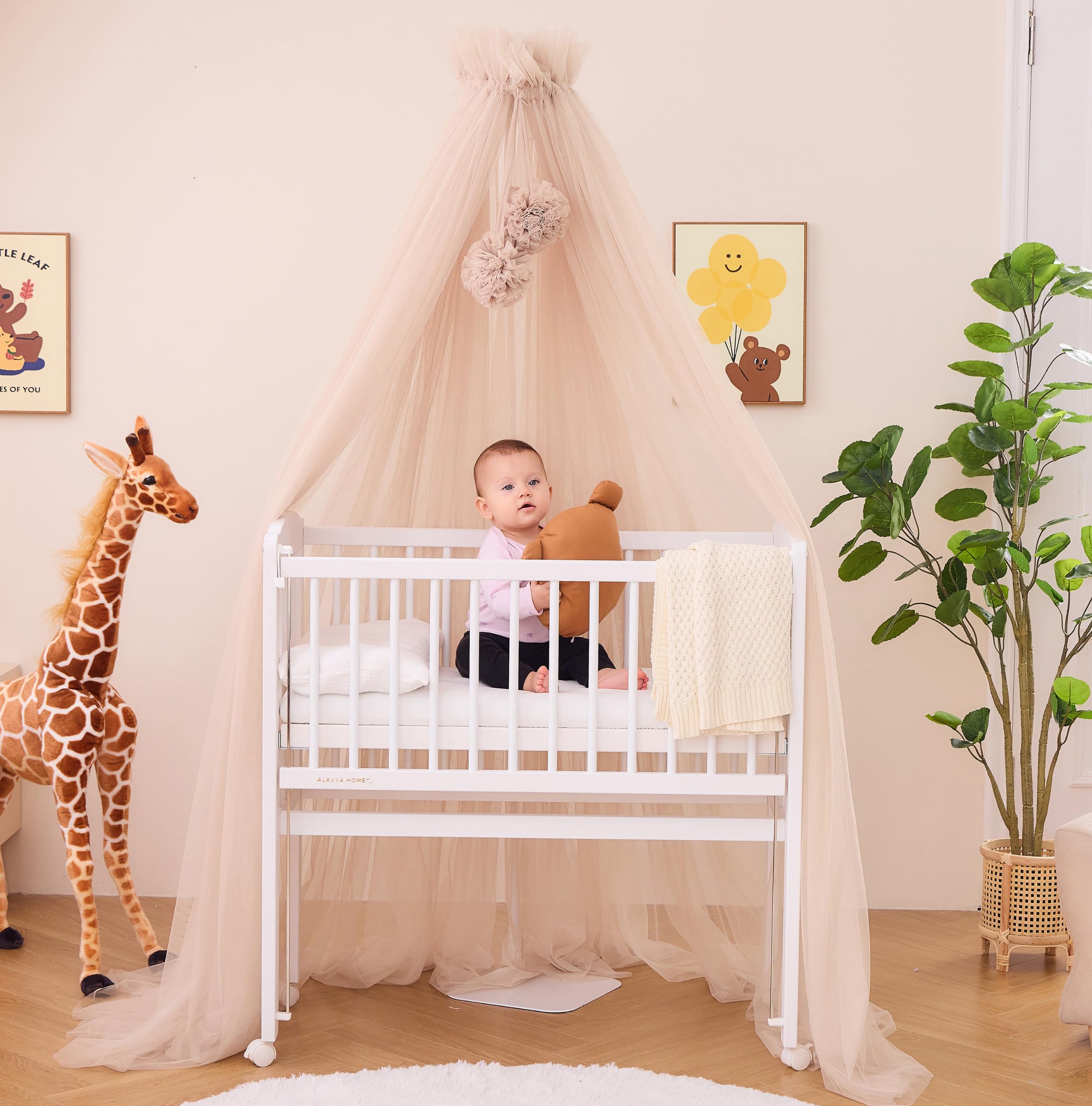 ALAVYA HOME Baldacchino in tulle, lunghezza 120 cm, per culla e culla, zanzariera con 2 pompon e baldacchino, decorazione per la cameretta dei bambini, protegge e incanta il vostro bambino durante il