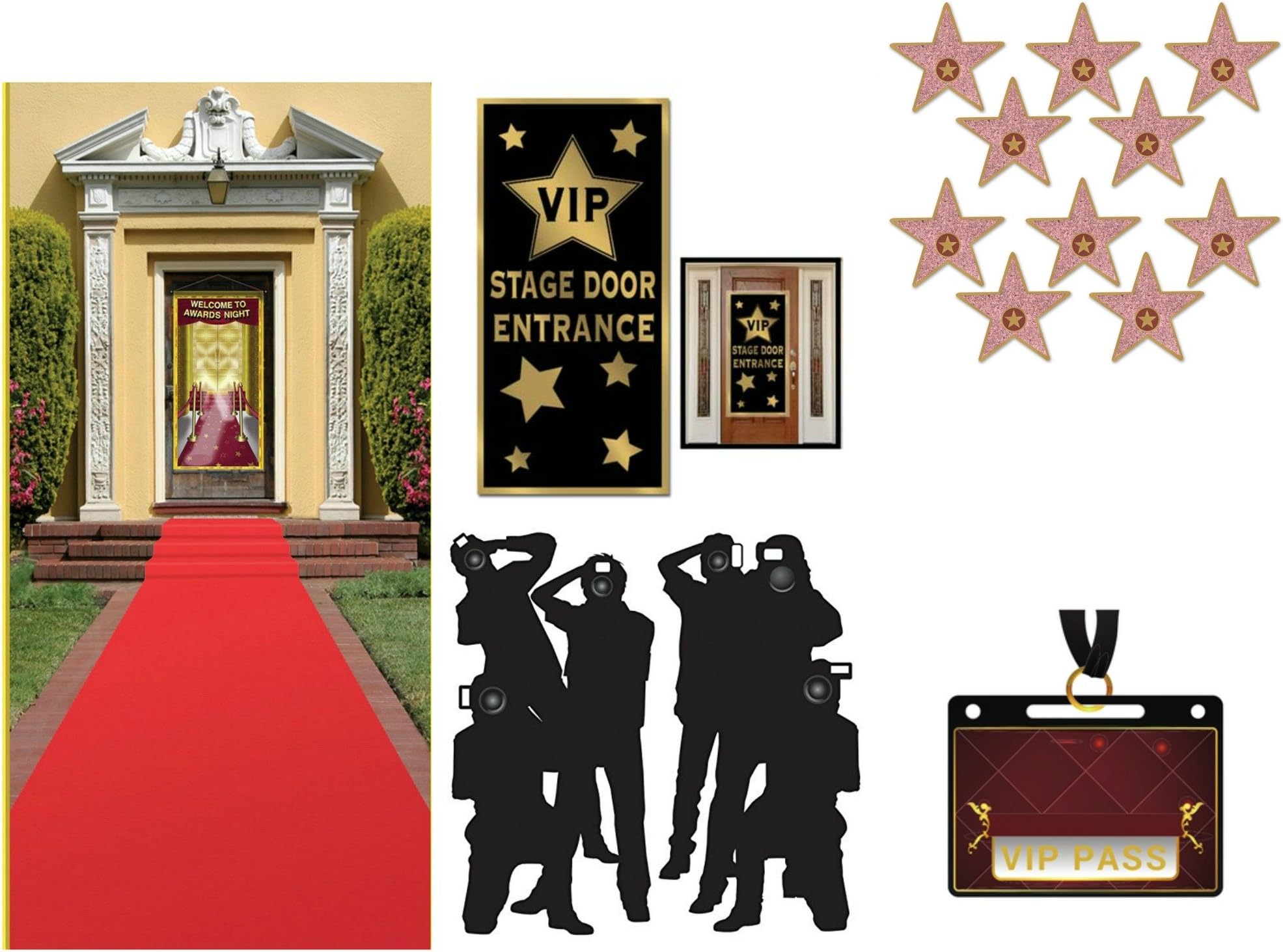 Hollywood Red Carpet Awards Ceremony Party Theme Supplies and Decorating Kit - Red Runner, Paparazzi Props, VIP Entrance Door Cover, Star Cutouts and 20 VIP Pass Stickers (Bundle of 5 Items)