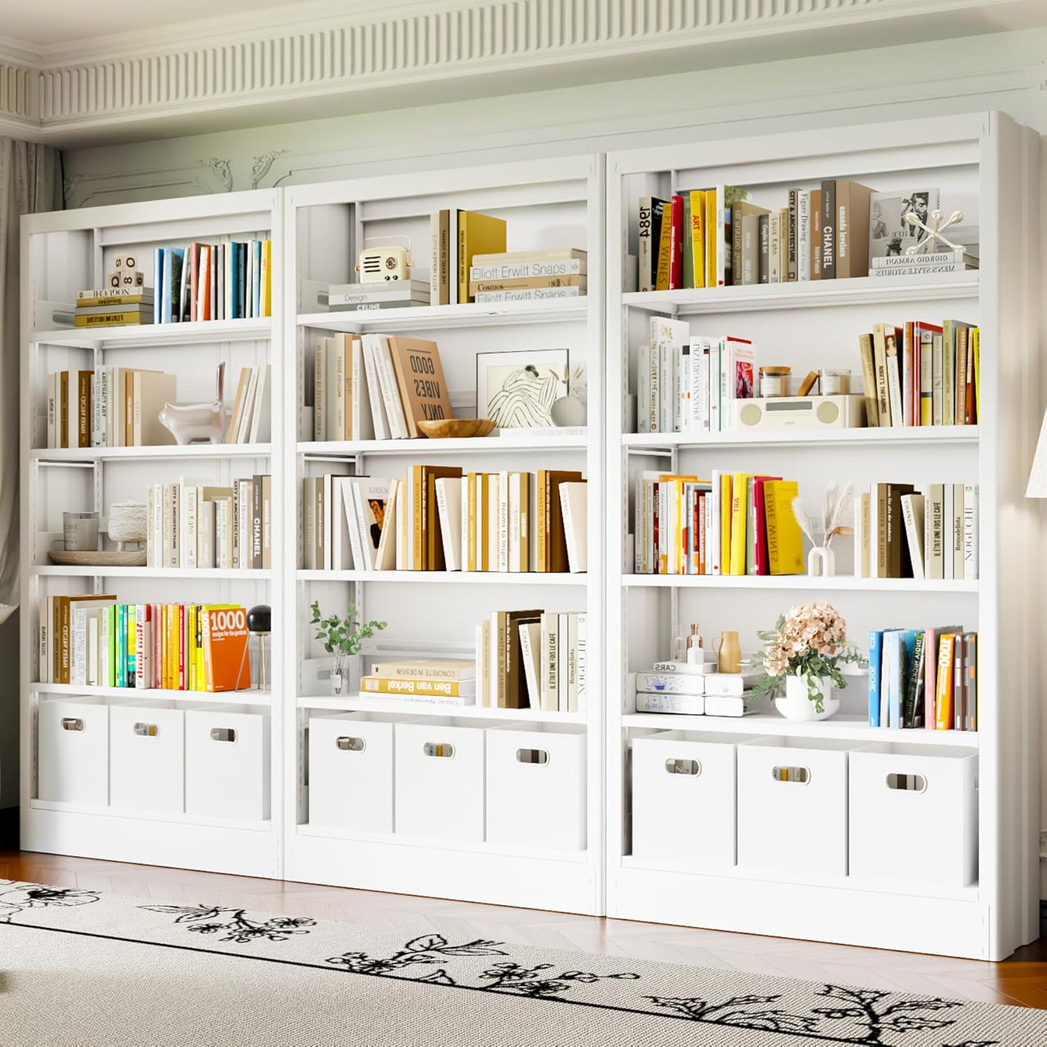 70.9" H Metal Bookshelf, Adjustable Bookcase, 5-Tier Heavy Duty Bookshelf with Bookend, Tall Bookshelves, Bookcase Shelf for Living Room, Office, Library,Classroom (White-37.4W)