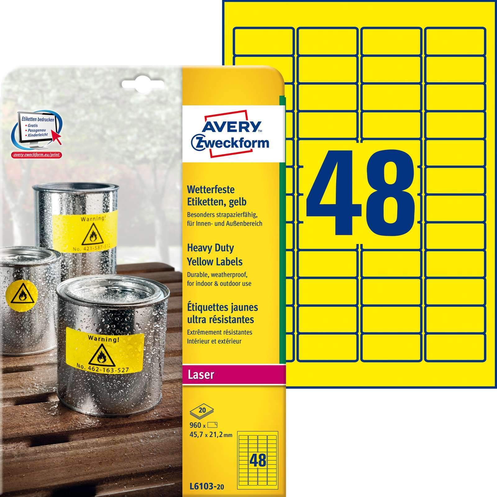 Avery-Zweckform L6103-20 960 étiquettes autocollantes film polyester Jaune 45,7 x 21,2 mm