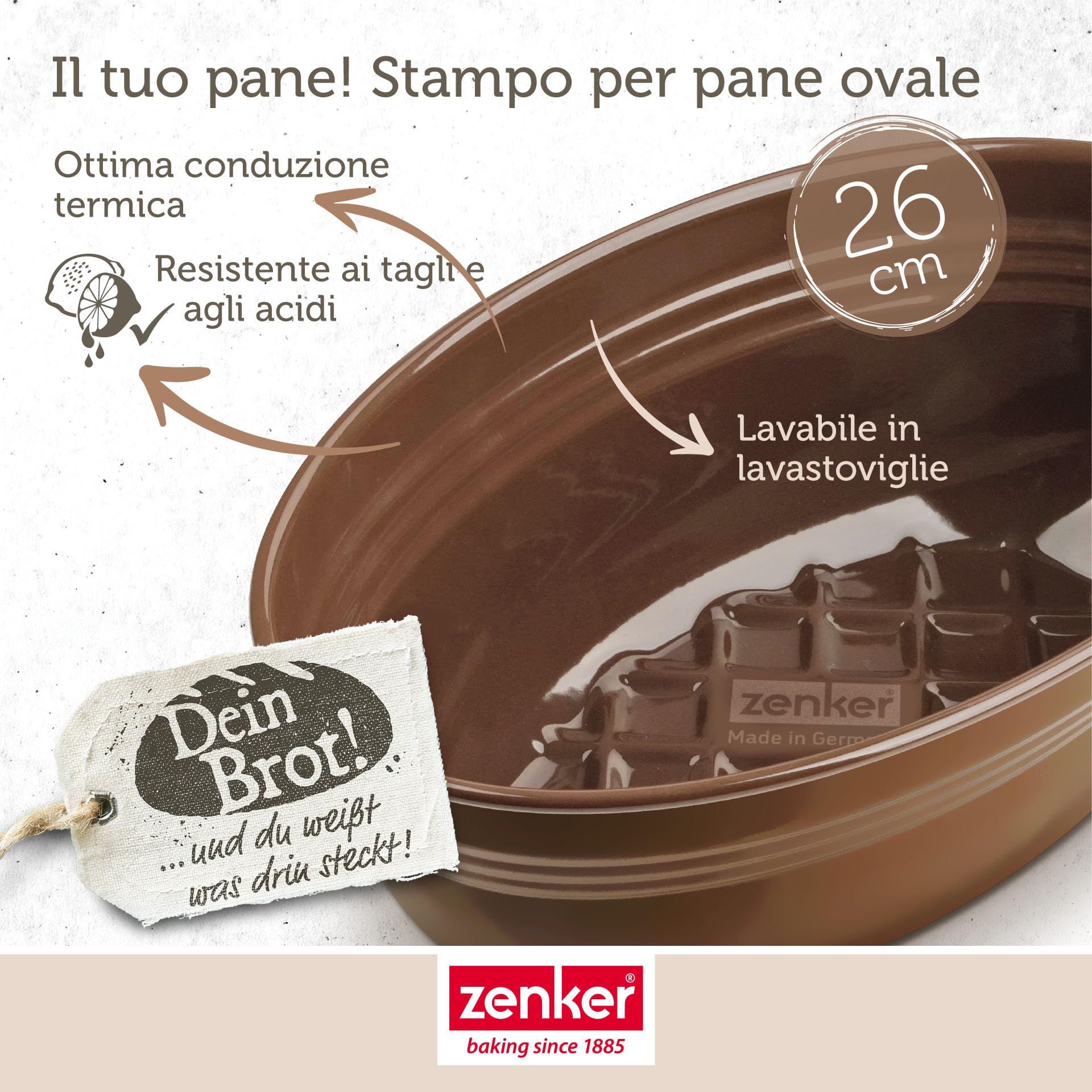 Zenker Stampo per pane "Your Brot!" smaltato, marrone, 2000 ml, 265 x 165 x 92 mm, resistente al calore fino a +400 °C, lavabile in lavastoviglie