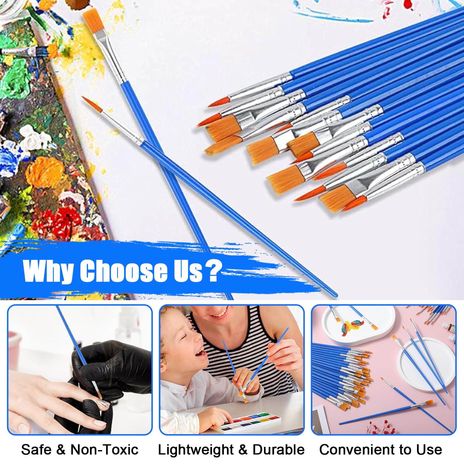 60 Pennelli Per Pittura - 30 Piatti E 30 Rotondi, Nylon, Per Acrilico, Acquerello, Bambini - Foto 8