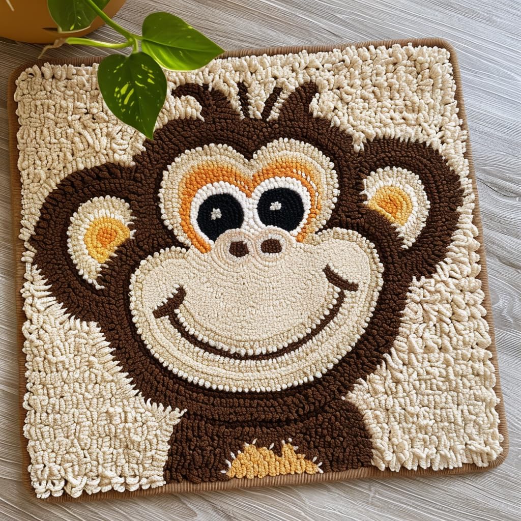 Generic Latch Hook Rug Kits Baby Monkey for Kids Beginner Easy Little Tapestry DIY Hook and Latch Mat Needlework Crochet Yarn Color Printed 30x30cm