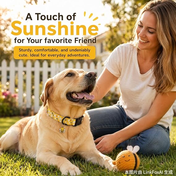 Soft Adjustable Dog Collar,Dog Collar with Colorful Flowers Printed (Yellow Bee, M(Neck 32-55cm,Width 2cm))