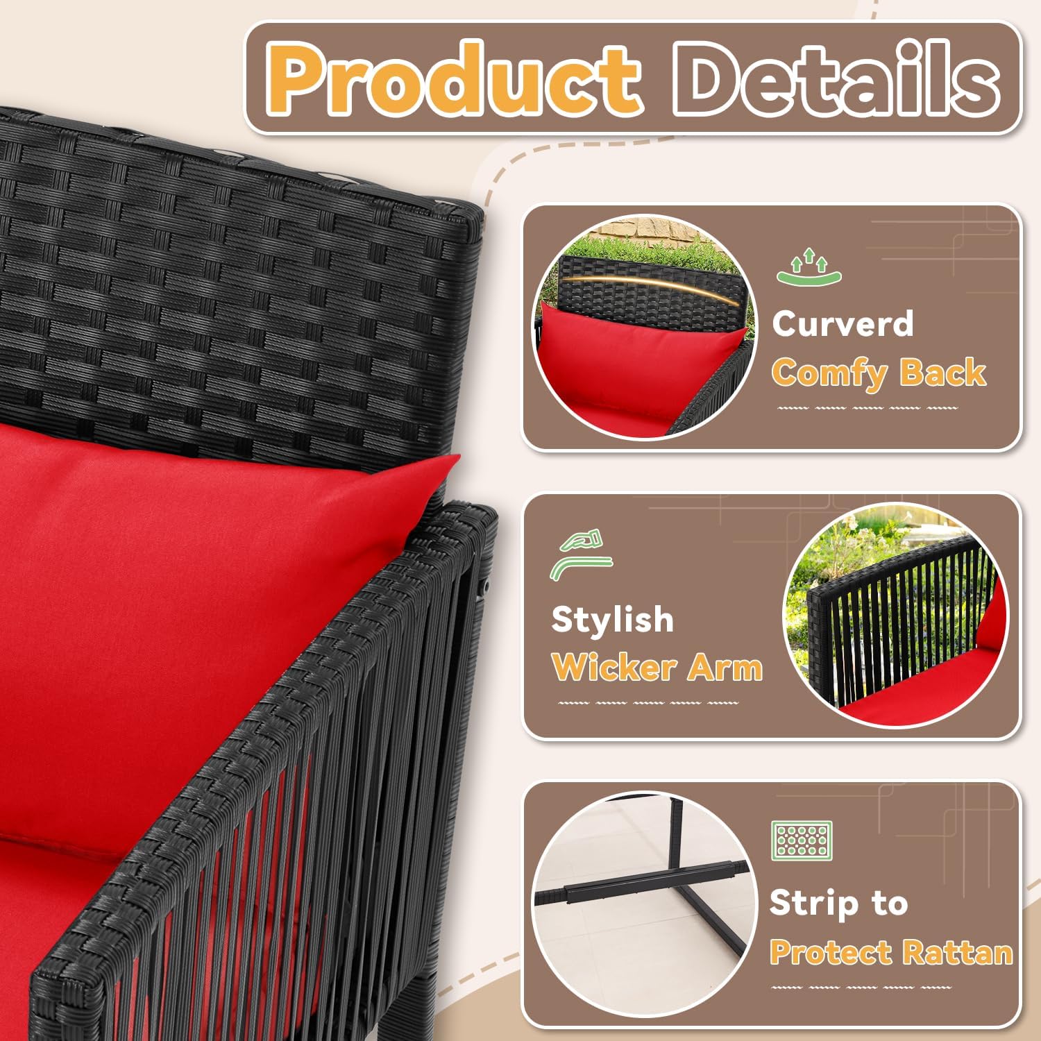 ECOTOUGE 3PCS Patio Bar Set with Wicker Chairs & Outdoor Bar Table, Rattan Height Barstools Set with Removable Cushion for Lawn, Porches, Balcony (Red/Beige)