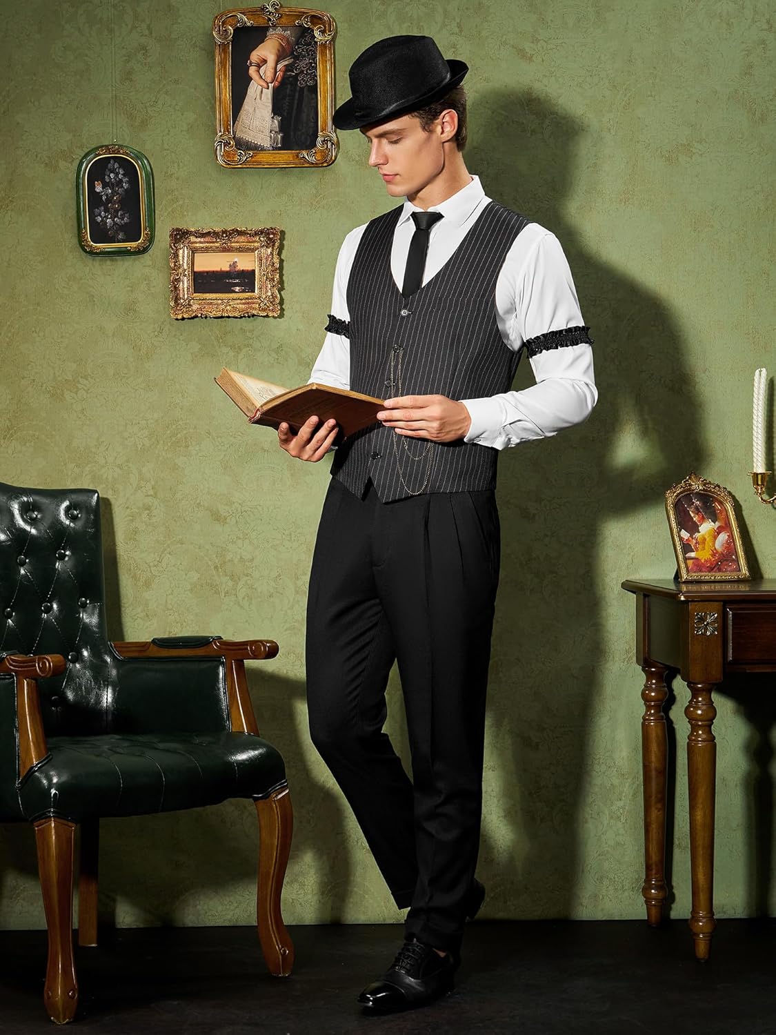 YESSA 1920s Mens Costume,1920 Mens Outfit,Roaring 20s Costumes for Men,1920s Hat Vest Pocket Watch Suspenders Tie - Image 4