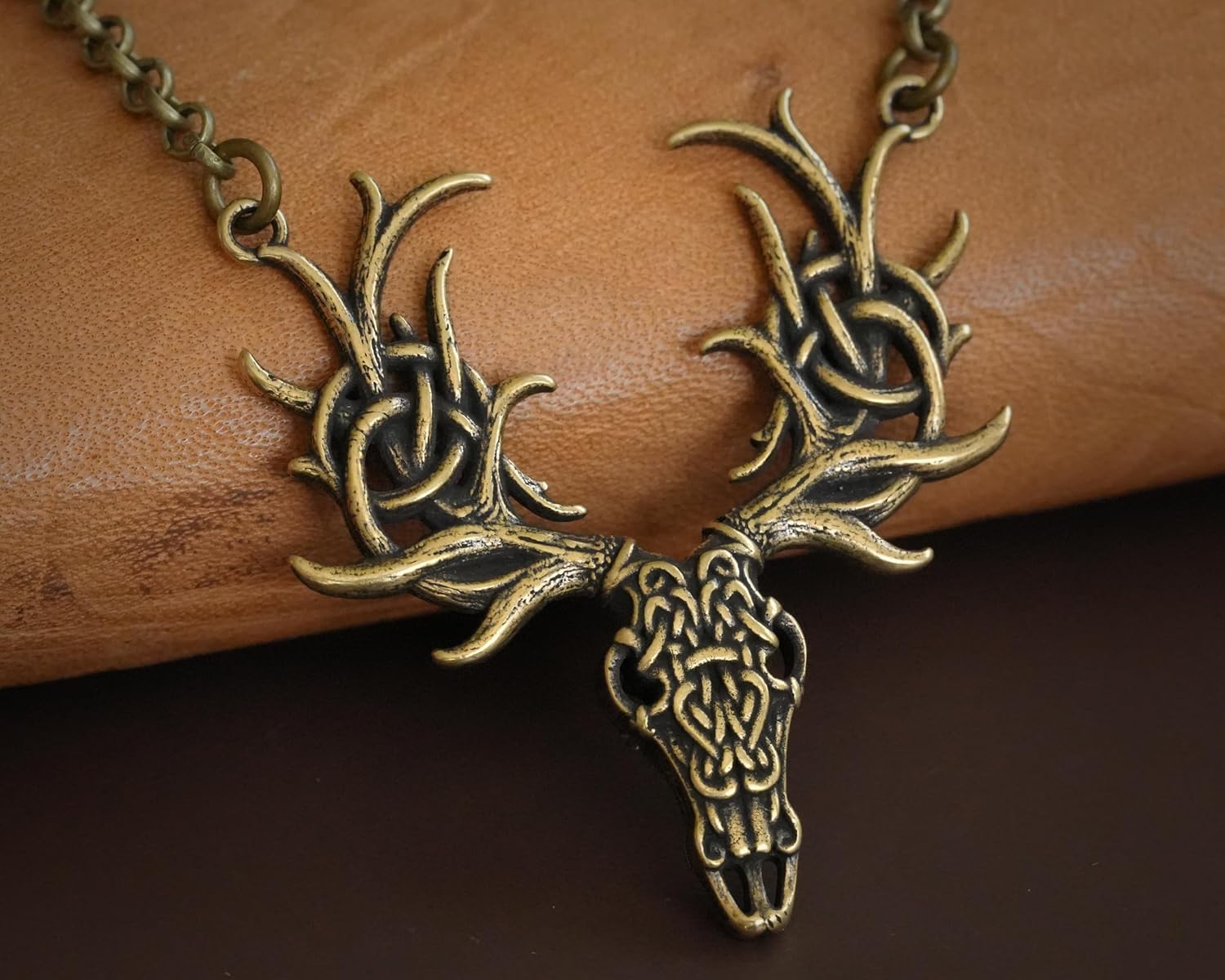 Baldur Jewelry Brass Viking White Stag Deer Necklace Pendant With Celtic Knotwork Symbol of Rebirth