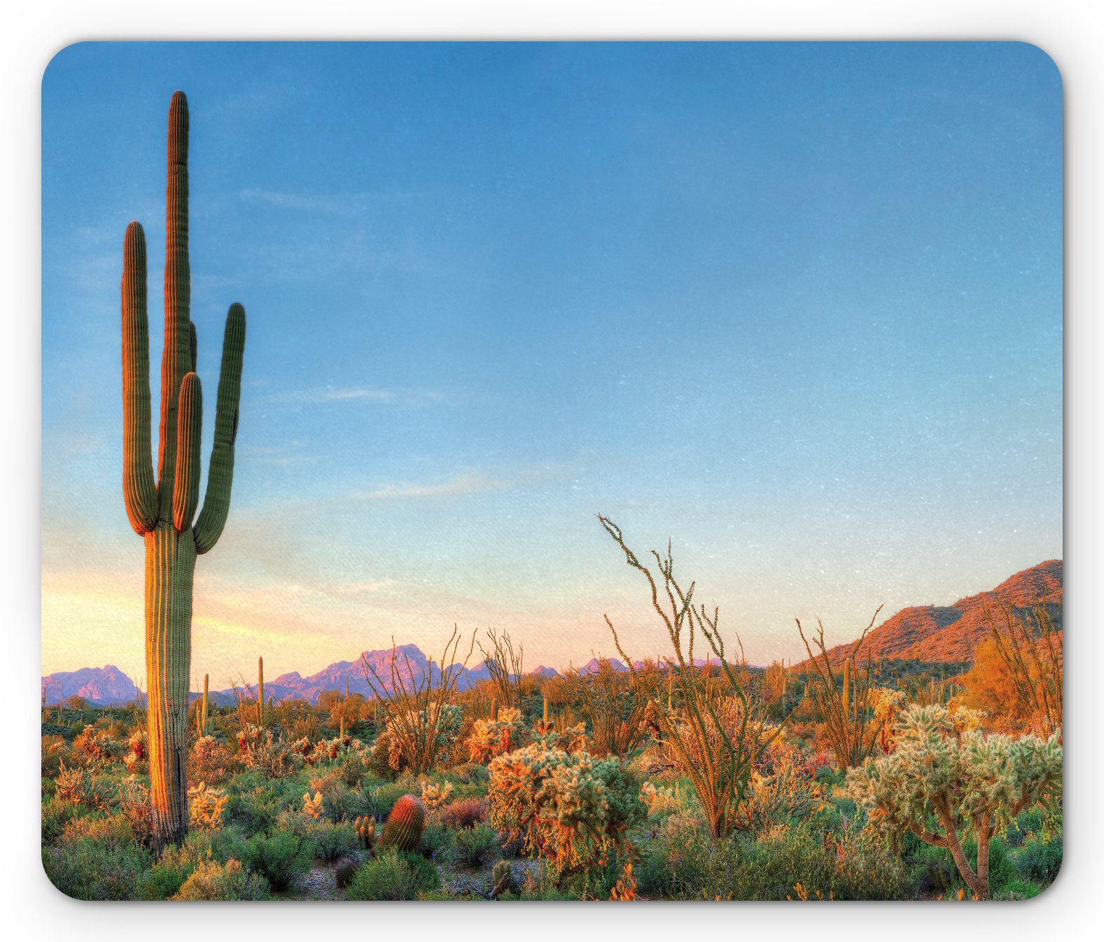 Ambesonne Saguaro Mouse Pad, Sun Goes down in Desert Prickly Pear Cactus Southwest Texas National Park, Rectangle Non-Slip Rubber Mousepad, Standard Size, Orange Blue Green