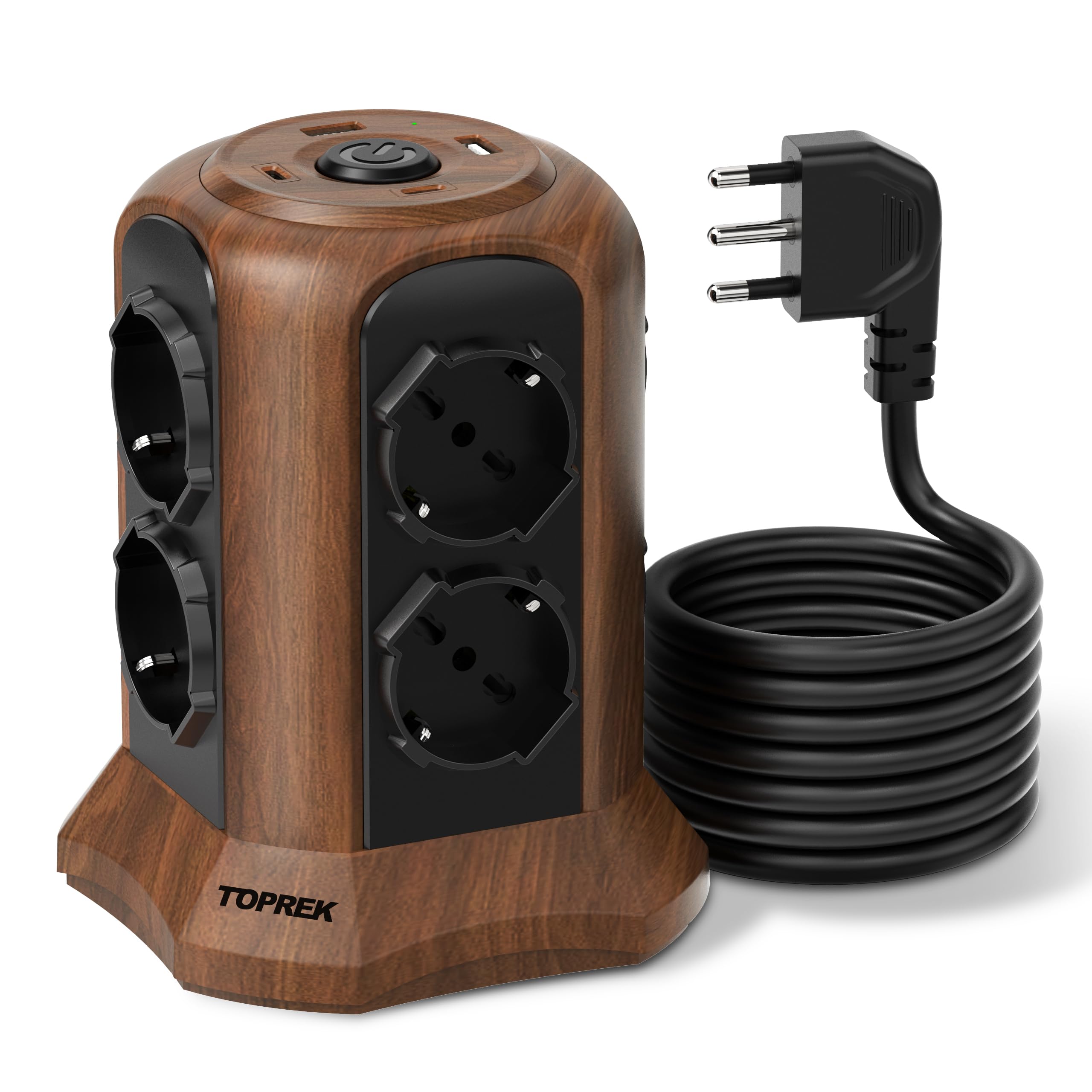 TOPREK Multiprise Verticale Couleur Bois Marron avec 8 Prises Schuko universelles ITA 10/16A et 2 USB C (Charge Rapide PD3.0 20W) 2 USB A, multiprise électrique 2M avec Interrupteur, Prise coudée 90°