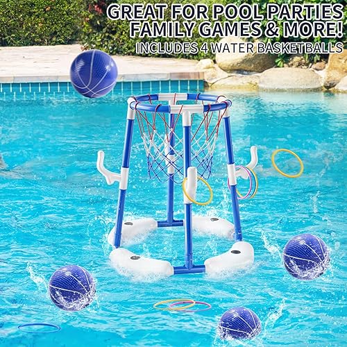 Miniatura 3 de Aro de baloncesto para piscina, juego de anillos flotantes 2 en 1 con 4 bolas y bomba, piscina al aire libre, juegos de baloncesto, juguete
