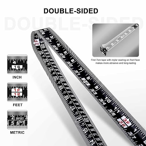 Miniatura 3 de HAUTMEC Cinta métrica negra autoLock resistente de 25 pies (24.6 ft), hoja rígida negra de 1 14 pulgadas de ancho, impresión de reglas de doble cara