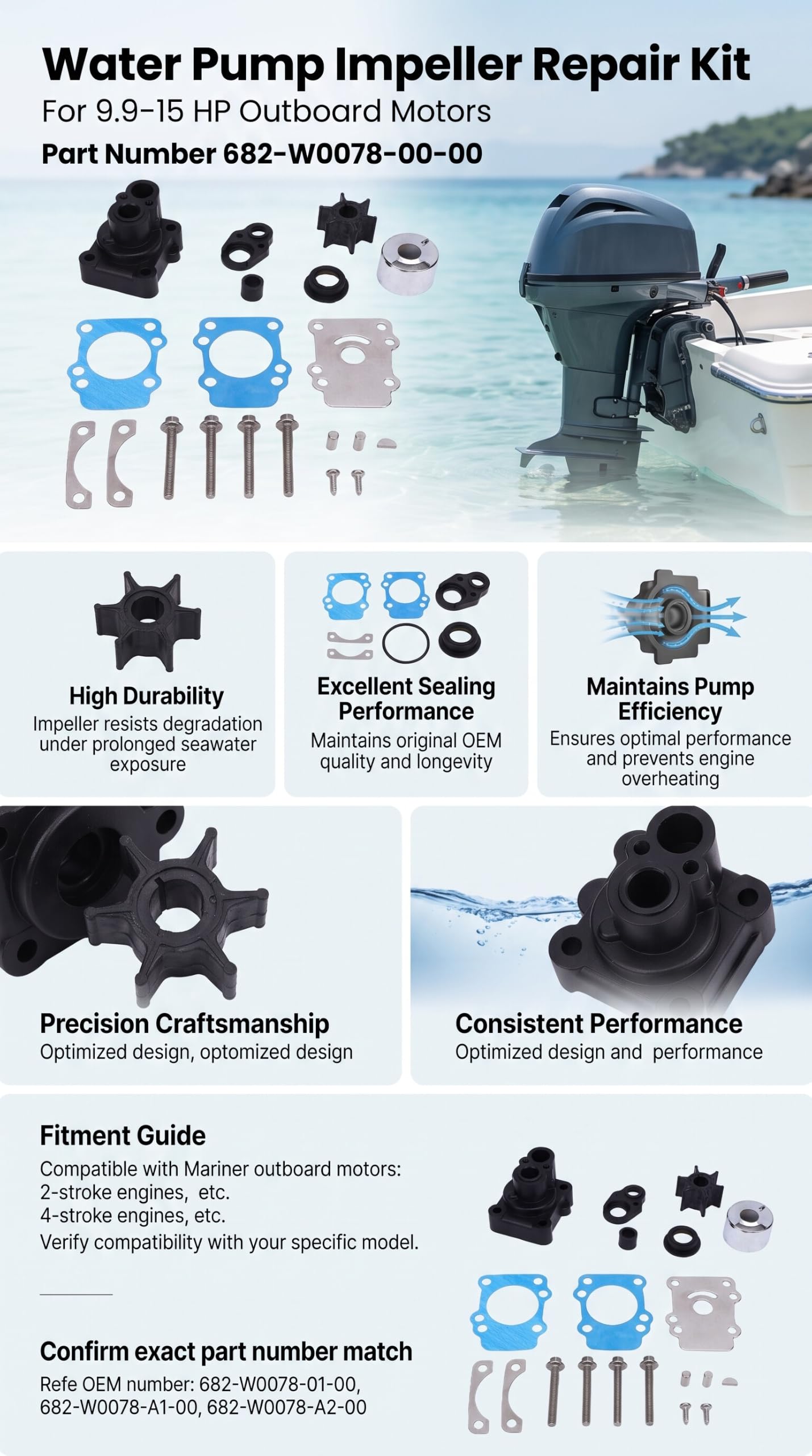 CHICIRIS Kit di Riparazione della Girante della Pompa Dell'acqua, 682 W0078 00 00 di Ricambio per Motore Fuoribordo da 9,9 a 15 CV, con Guarnizione di Lunga Durata, per Parti del Motore