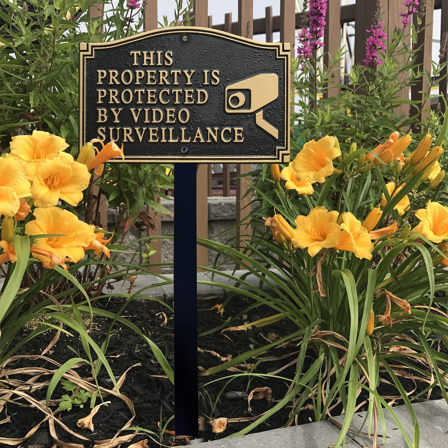 SmartSign 5.75 x 9.5 inch “This Property Is Protected By Video Surveillance” GardenBoss Statement Plaque with 18 inch Lawn Stake, 375 mil Rustproof Aluminum, Black and Gold, Set of 1, Made in USA