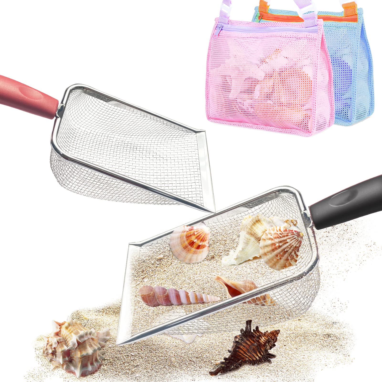 2 Pcs Beach Mesh Shovel with 2 Pcs Mesh Bag Seashell Bag for Shells Collecting,Shark Tooth Sifter Dipper for Boys and Girls