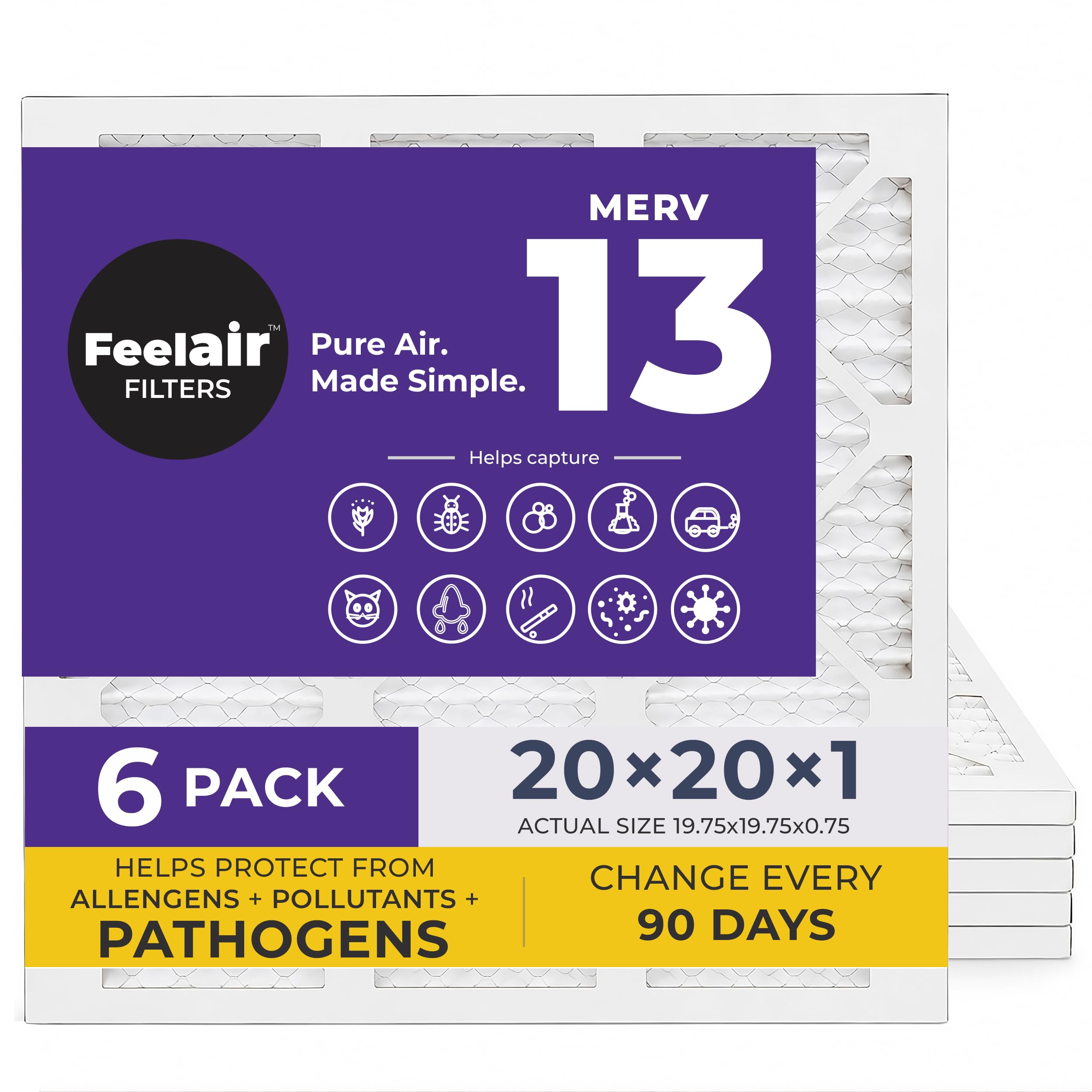 Feelair 20x20x1 Air Filter, Merv 13, 6 Pack, For Home AC Furnace & HVAC (Actual Size 19.75"x19.75"x0.75") DUST, Pet, & Allergy Control