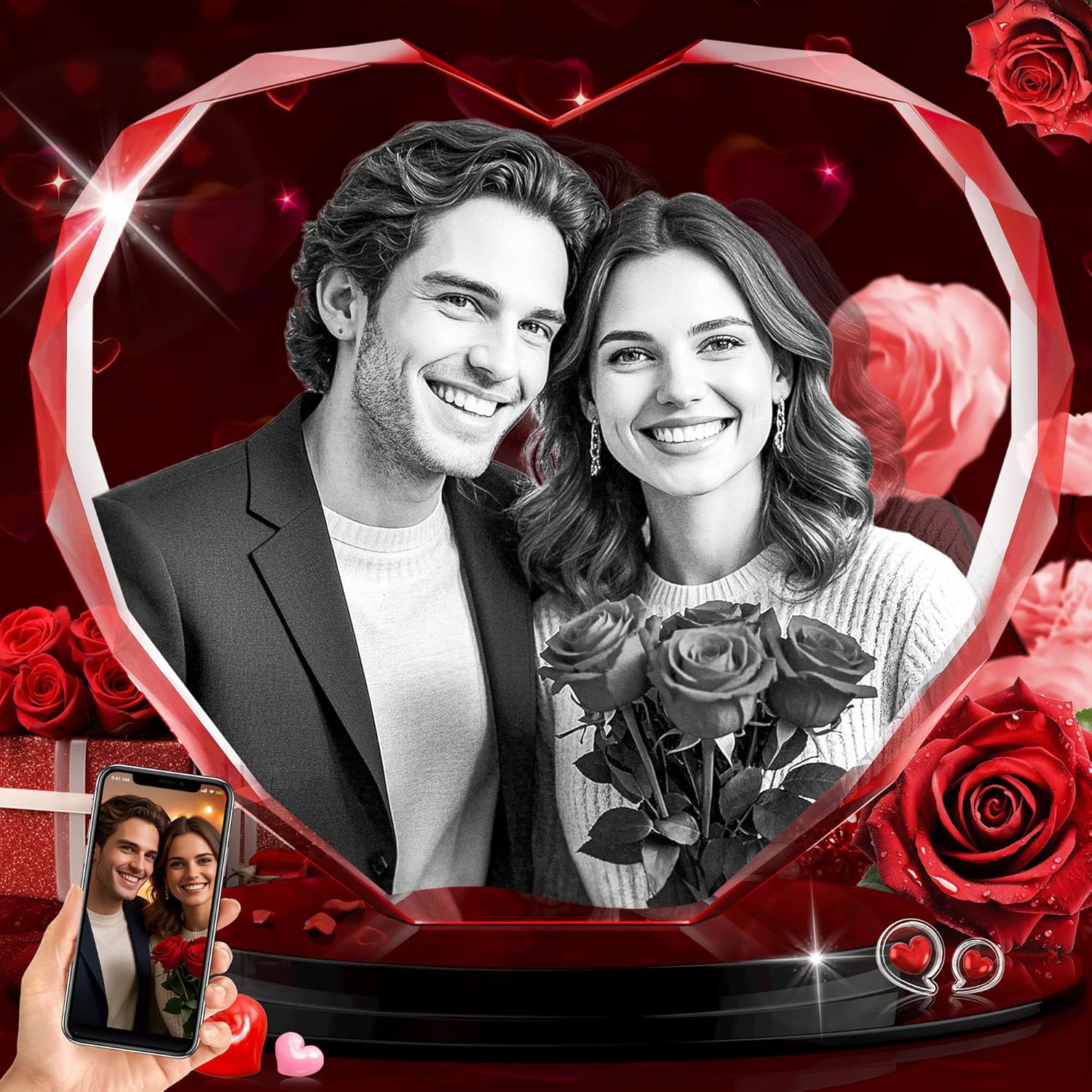 3D Crystal Photo, Valentines Day Personalized Gift for Women, Wife, Her, Him, Girlfriend, Mother, Boyfriend, Heart Glass Engraved 3D Crystal Picture, Custom Anniversary Birthday Couples Gifts