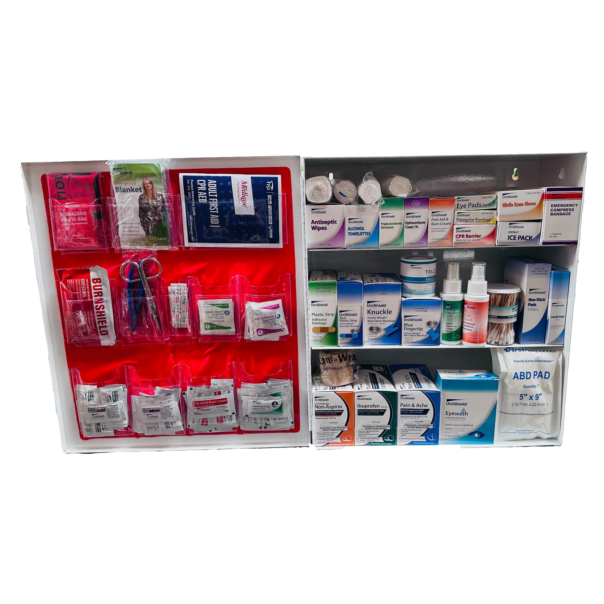 UniShield 3-Shelf Metal 1st Aid Cabinet Class A, Large Capacity First Aid Wall Mount Medicine Cabinet, Secure Metal Med Box with Easy Access, Exceeds OSHA/ANSI Z308.1 2015, Over 900 Pieces